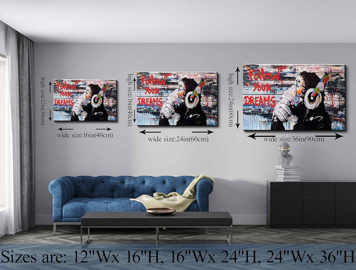 Framed Banksy Graffiti Canvas Wall Art Follow Your Dreams Monkey Poster With Headphones Prints Street Painting Picture Man Cave Wall Decor Pop Art for Living Room Ready To Hang 12"Wx16"H (30x40cm))