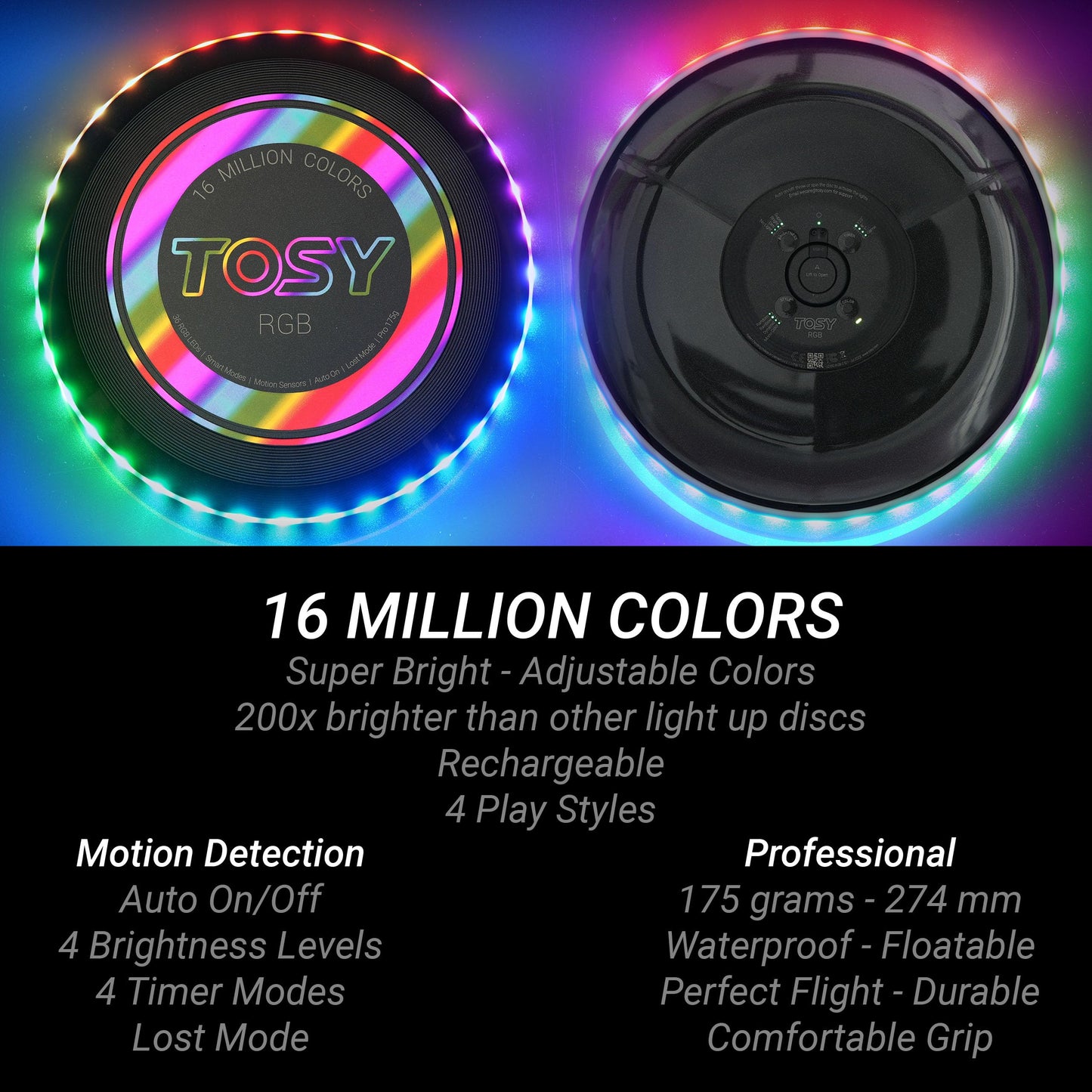 TOSY Flying Disc - 108 RGB Multicolor LEDs, Super Bright, Smart Modes, Cool Valentine Easter Gift, Camping Toy for Kid/Teen/Adult, Auto Light Up, Rechargeable, Waterproof, 175g, 2-Pack