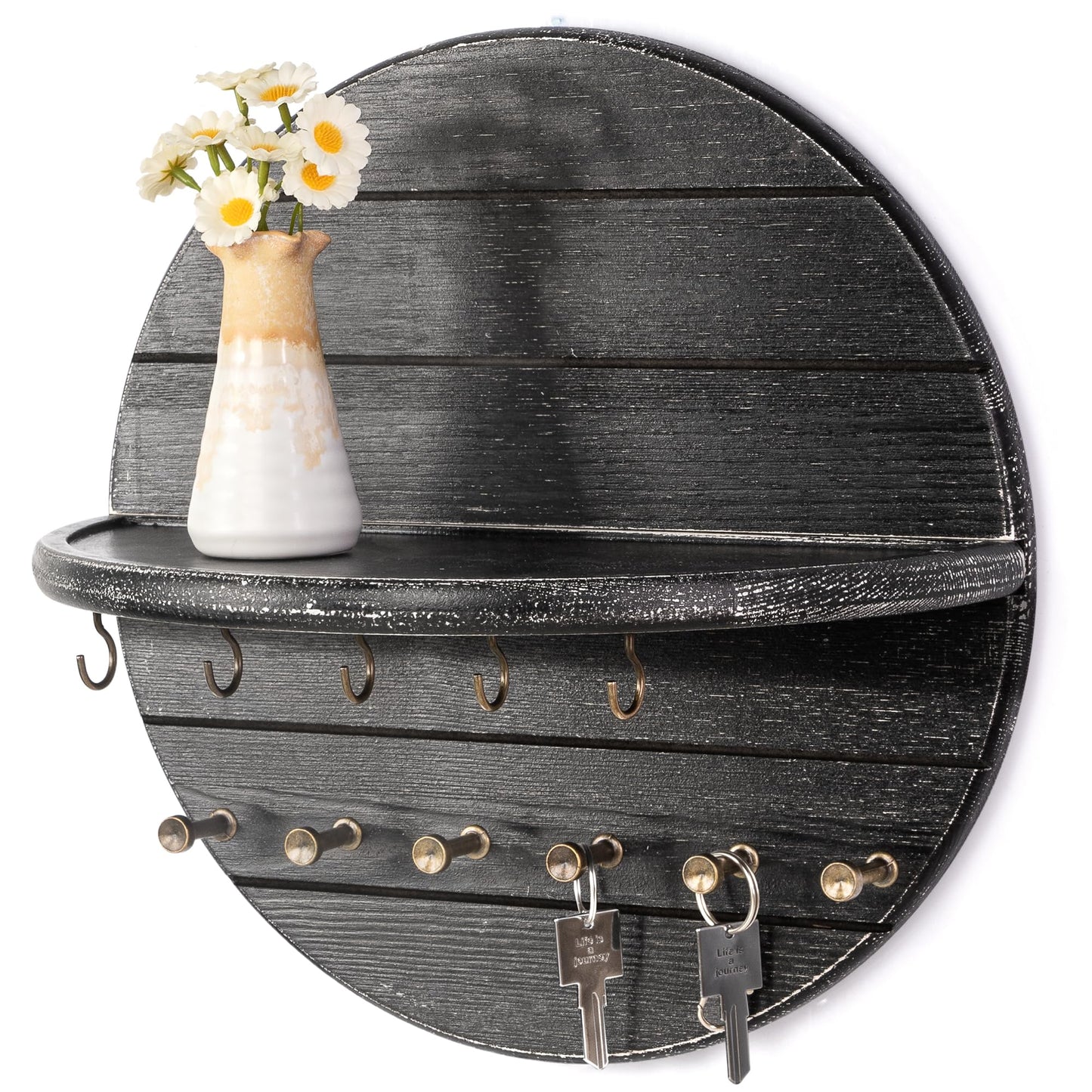Rebee Vision Pine Wood Key Holder Wall Mount Decorative - Round Wooden Rustic Key Holder for Wall with 11 Hooks and Shelf - Circular Design for Home Decor Aesthetic & Entryway (Old Black)