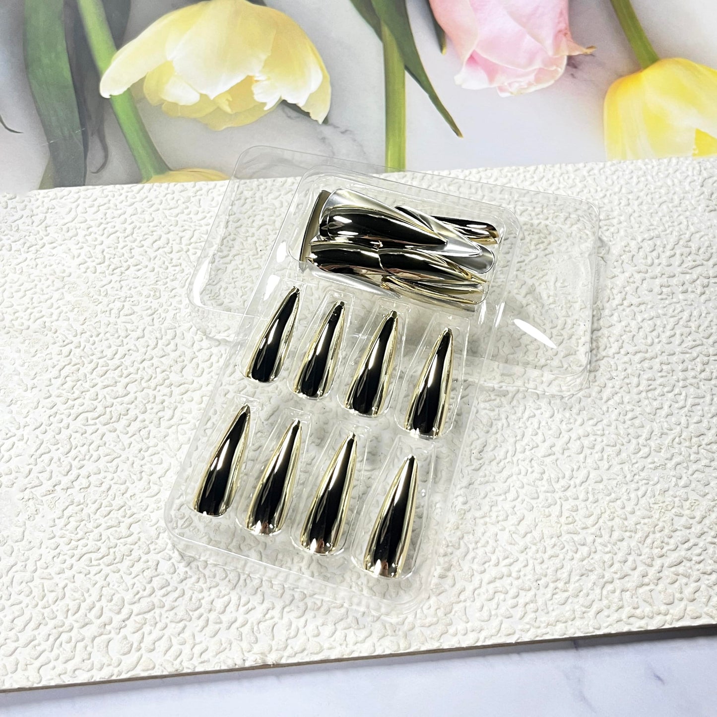 MERVF Long Stiletto Press on Nails Almond, Gold Chrome Fake Nails Solid Color Design Glue ons Luxury Electroplated Acrylic Nail Glossy 24pcs