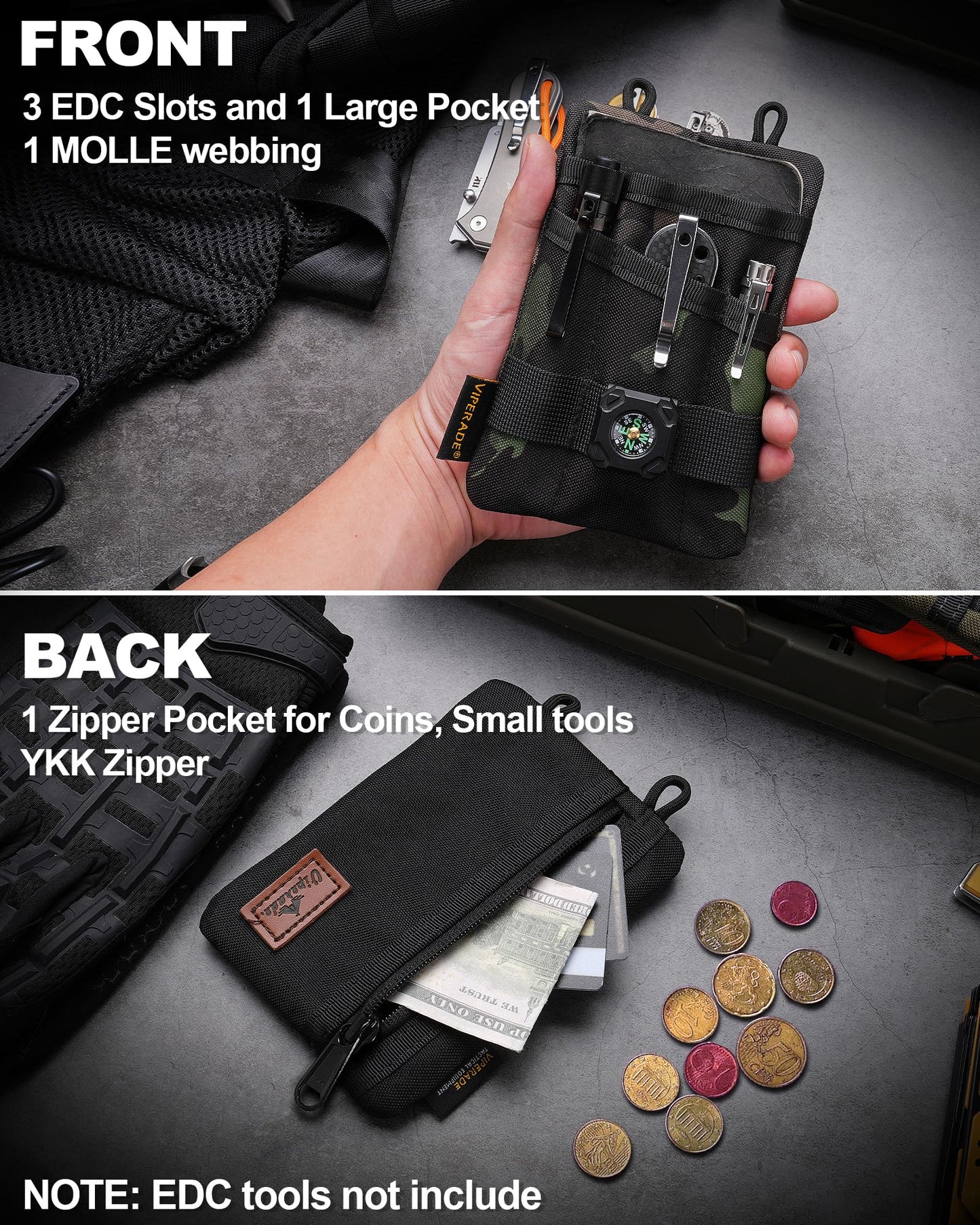 VIPERADE VE1 EDC Tool Pocket Organizer, Small EDC Pouch with 5 Pockets, Small Multitool Organizer Pouch Nylon Tool Sheath for Flashlight Multitools Pen Notebook