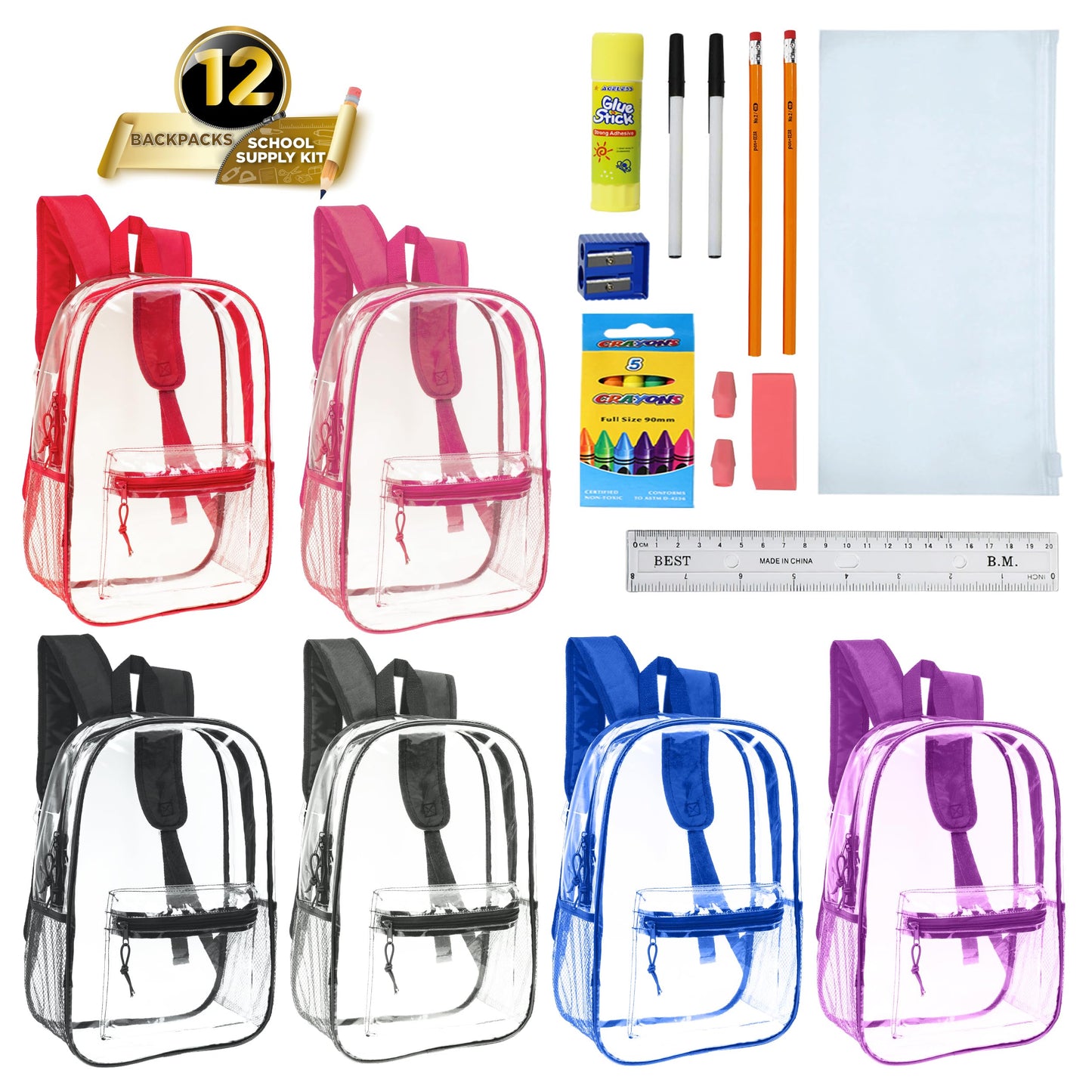 Moda West 17 Inch Bulk Backpacks with School Supply Kit - Case of 12 Wholesale Backpacks Assorted Colors