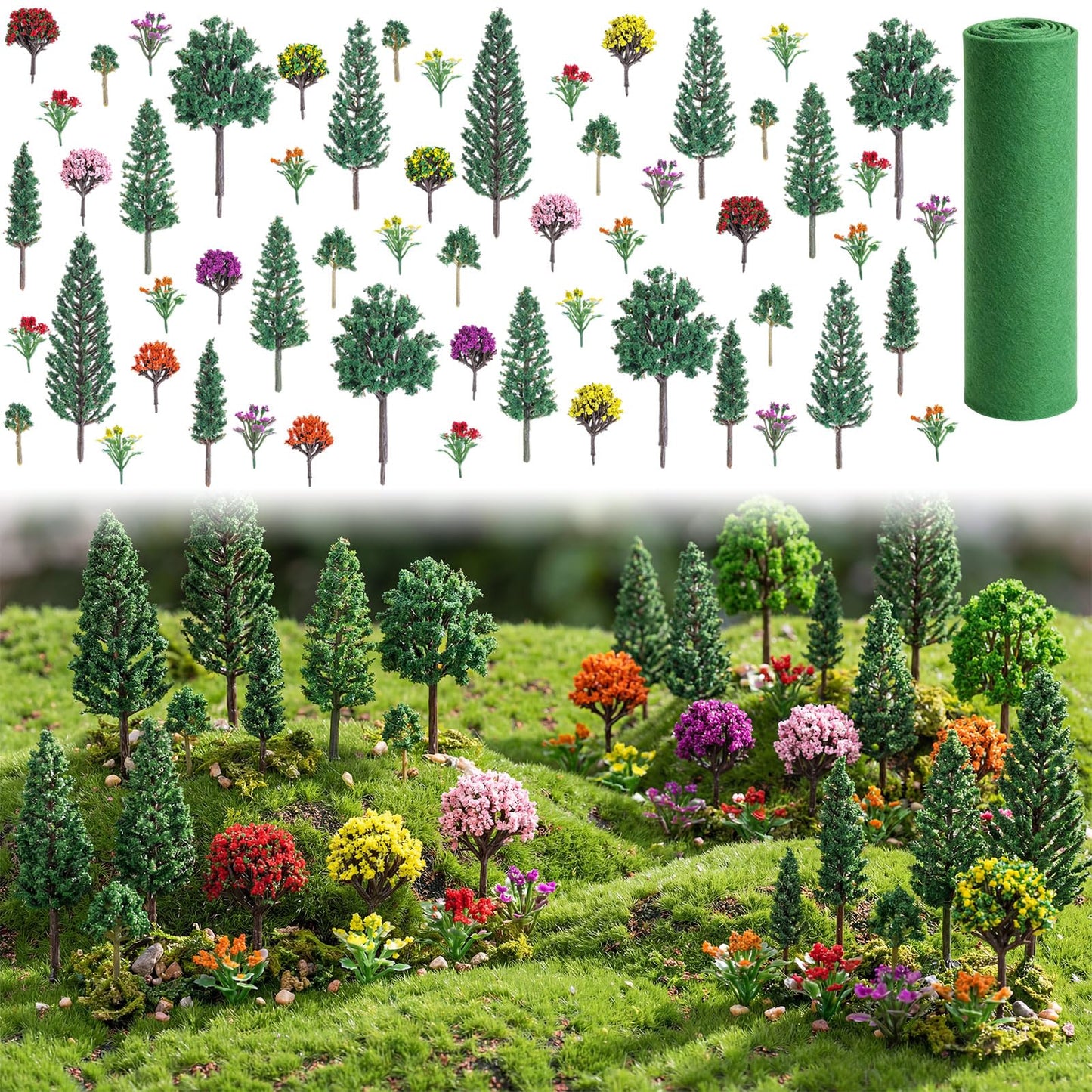 Soulchen 58 Pieces Diorama Supplies Kit Include Model Trees 0.98-5.12 Inch Mixed Mini Trees 16 x 40 Inch Model Grass Mat Ho Scale Accessories for Projects Train Scenery Building Landscape DIY Crafts
