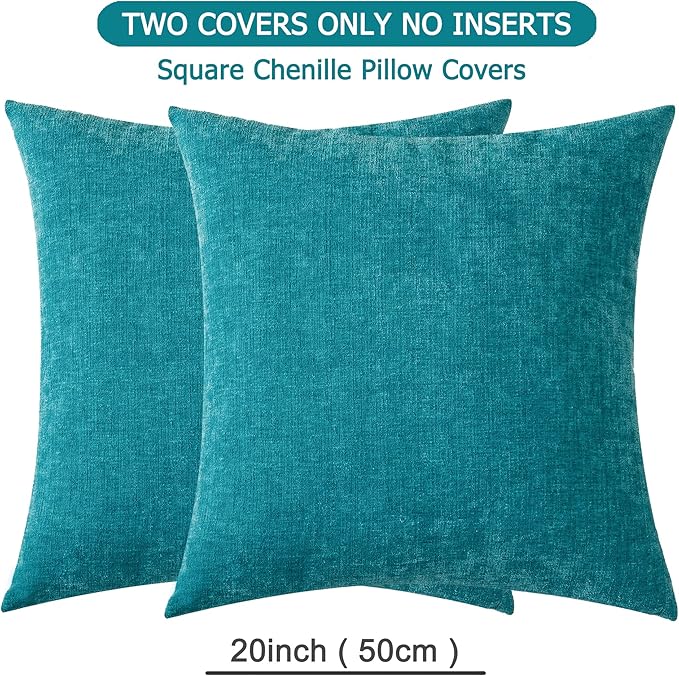 GAWAMAY Decorative Square Throw Pillow Covers Set of 2 for Sofa ,Super Soft Chenille Farmhouse Pillowcases for Living Room Bedroom Home Decoration Couch Cushion Cover Teal 50x50cm/20x20 Inch