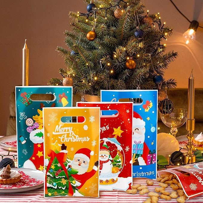 100 PCS Christmas Treat Bags with Handles, Christmas Goodie Bags, Xmas Gift Bag, Plastic Snowman Santa Claus Candy Goody Cookie Snack Bag Holiday Party Favor Bag for Xmas Winter Party Favor Supplies