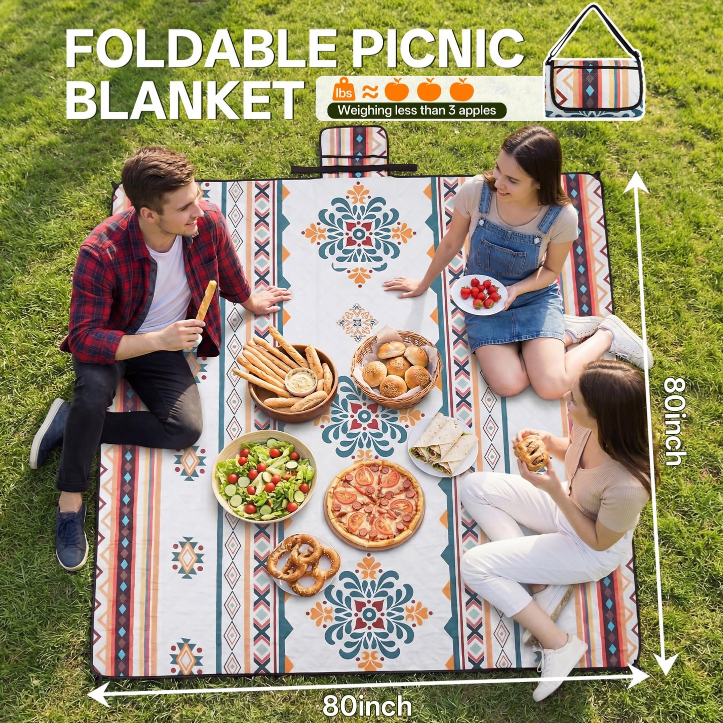 HAUSPROFI Extra Large Picnic Blanket 80"x80" – Waterproof Outdoor Mat for Beach, Camping, Park & Garden, Portable with Carry Strap & 4 Stakes, Machine Washable, Bohemian Pattern
