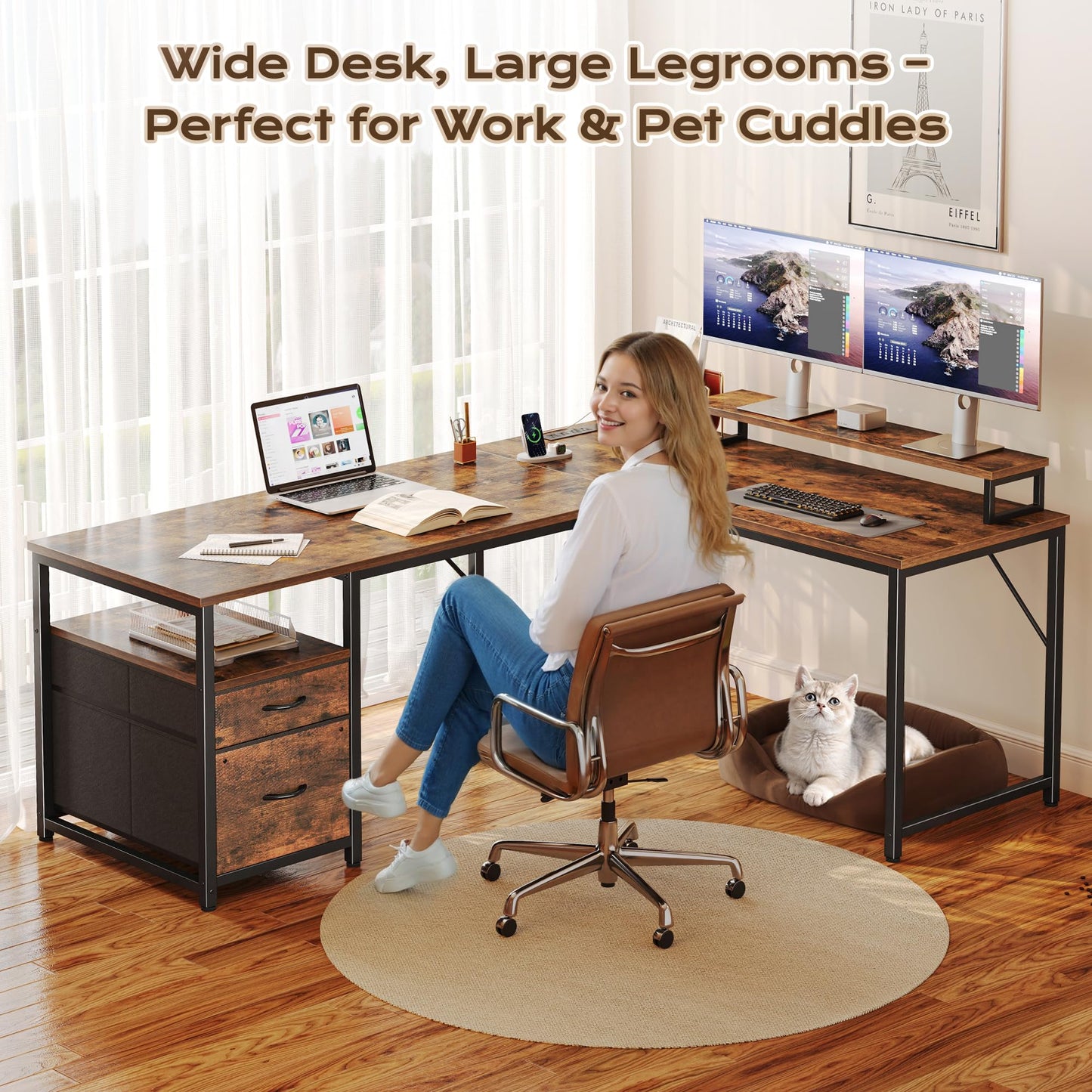 PRAISUN 55 Inch L Shaped Desk with Power Outlets and USB-C Port, Computer Corner Home Office Desk with File Fabric Drawers and Movable Monitor Stand, Larger Storage for Gaming, Study, Rustic Brown