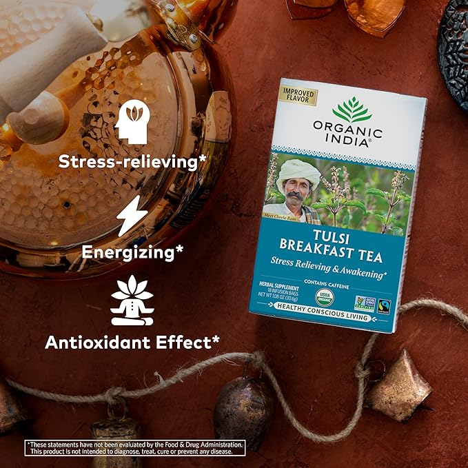 ORGANIC INDIA Tulsi Breakfast Herbal Tea - Black Tea, Holy Basil, Relieve Stress & Energize, Immune Support, Adaptogen - Vegan, USDA Certified Organic, Non-GMO, Caffeinated - 18 Infusion Bags, 6 Pack