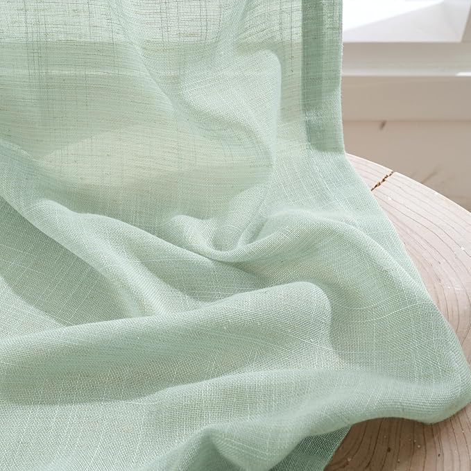 BGment 40 Inch Length Light Green Linen Curtains - Short Semi Sheer Drapes Textured for Living Room Window Spring Decorative with Rod Pocket Lightweight Rustic, 2 Panels Set, 42 X 40 Inch