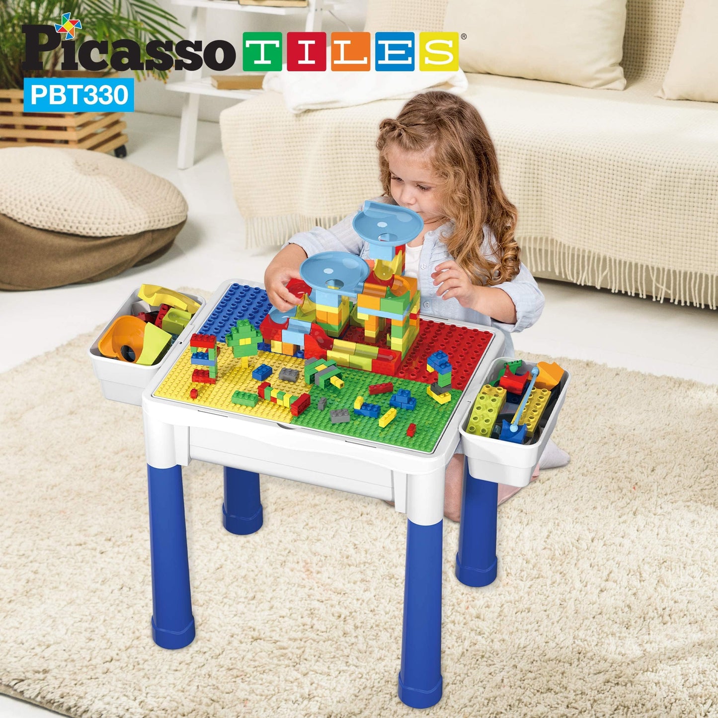 PicassoTiles Kids Activity Center Play Table & Study Desk Set Sandbox Water Tight Container Storage All-in-1 STEM Toy Kit Playset with 330pc Dual Size Building Bricks Construction Blocks Marble Run