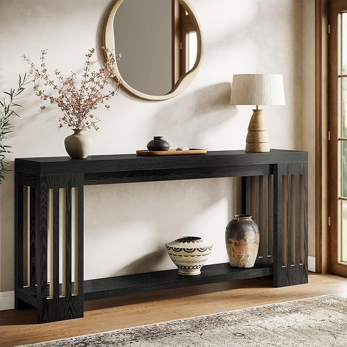 Tribesigns 2-Tier Extra Long Entryway Table, 70.9-Inch Farmhouse Console Table with Vertical Stripe Legs and with Open Shelves for Living Room, Hallway, Black