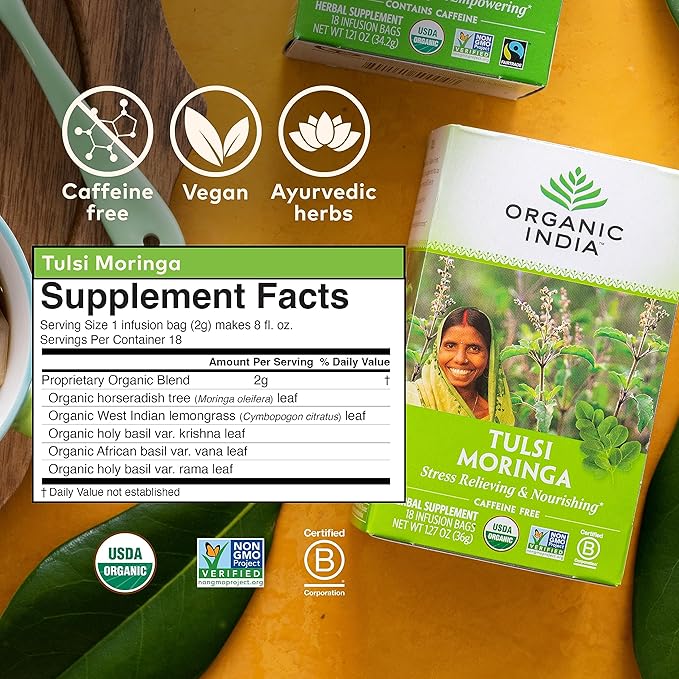 ORGANIC INDIA Tulsi Moringa Tea Bags - Holy Basil, Lemongrass, Moringa Leaves, Stress Relieving & Nourishing, Immune Support Tea, Vegan, Certified Organic, Caffeine-Free - 18 Infusion Bags, 6 Pack
