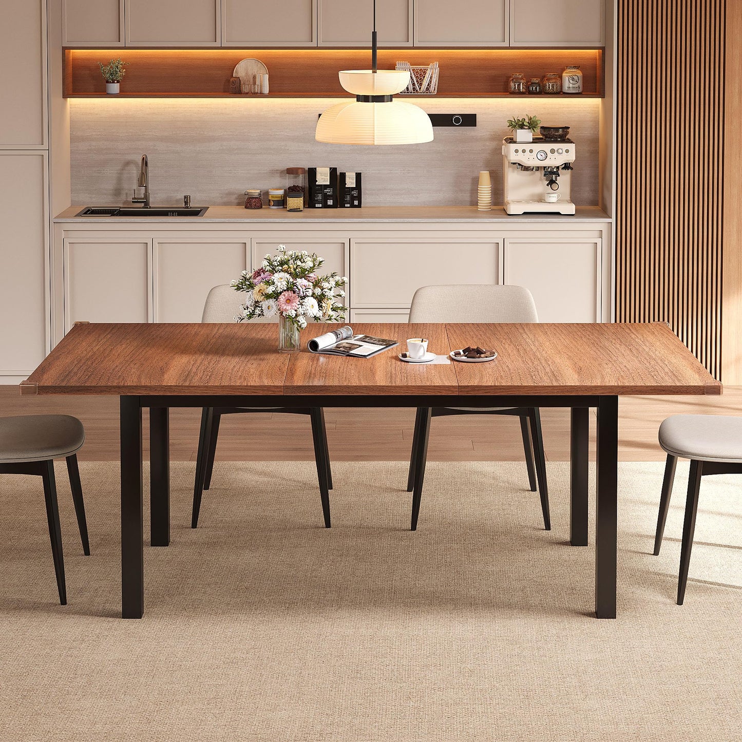 Einhomn Extendable Dining Table for 4-6, 63" Modern Kitchen Table, Farmhouse Dining Room Tables for Dining, Kitchen, Office, Living Room, Rectangular Wooden Tables, Space Saving (Walnut)