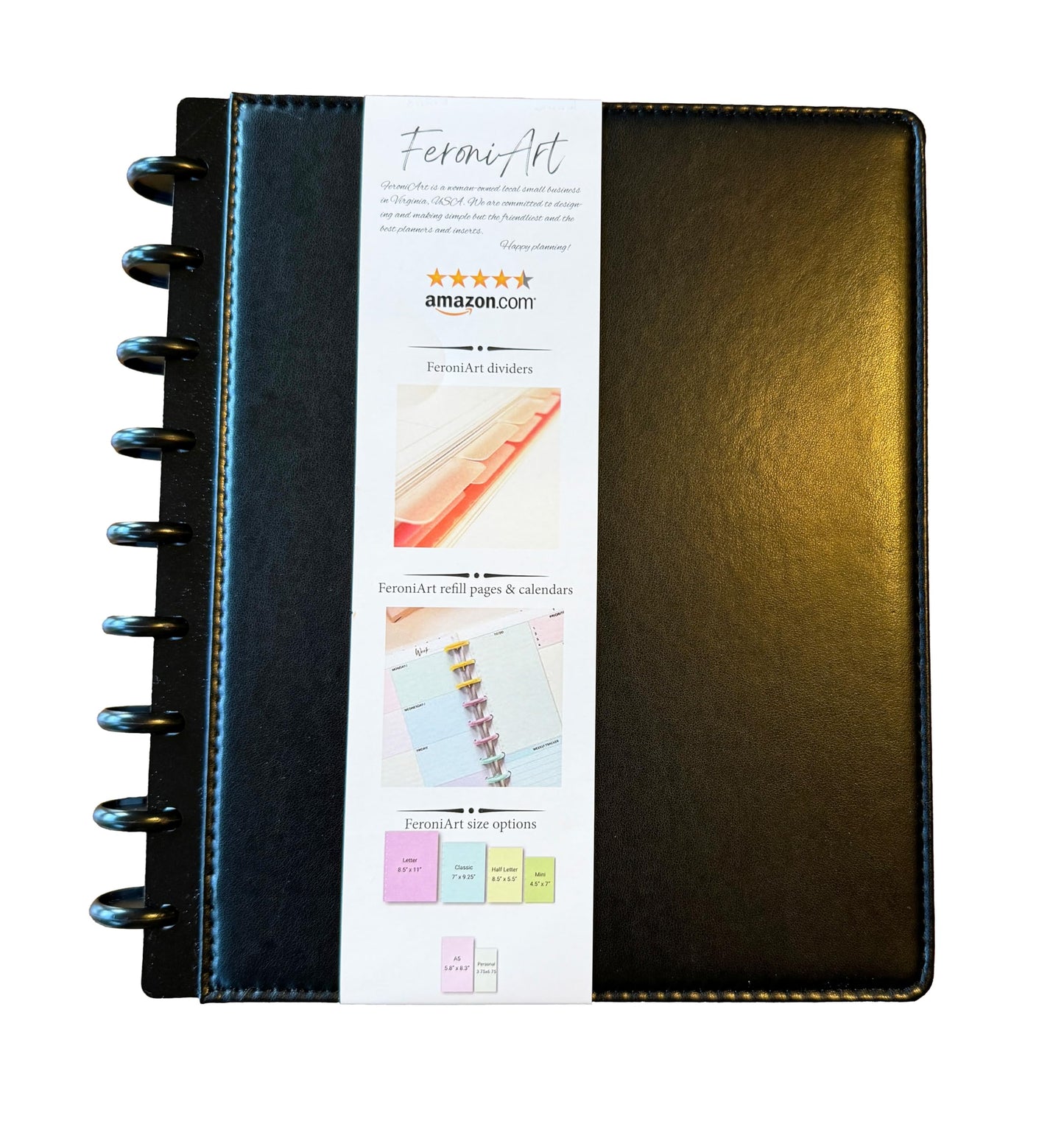 Undated Deluxe Discbound Planner in Gift Box, Letter Size PU Leather Cover – Monthly & Weekly Layout, Goal Setting, Habit Tracking, Refillable Organizer by FeroniArt (Black, Letter)