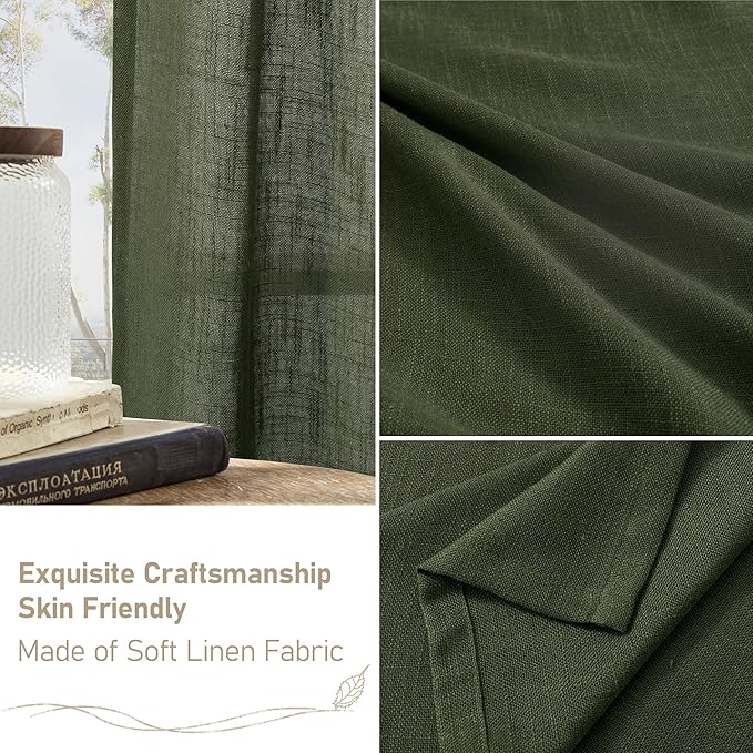 LAMIT Olive Green Linen Curtains for Living Room 84 inch Length 2 Panels, Light Filtering Semi Sheer Panels Back Tab and Rod Pocket Boho Christmas Drapes for Bedroom/Farmhouse, 38 x 84 Inch
