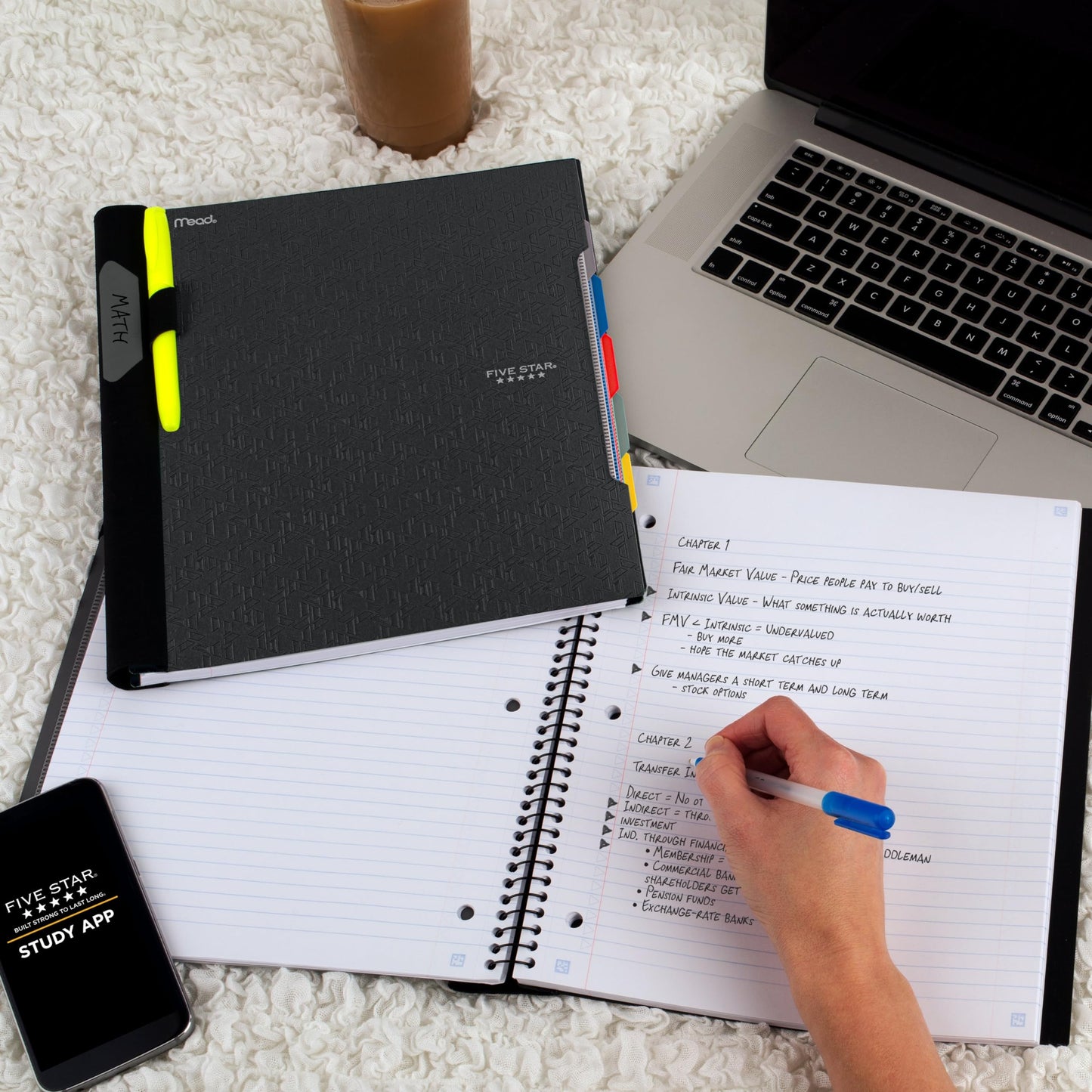 Five Star Advance Spiral Notebook + Study App, 5 Subject, College Ruled Paper, 8-1/2" x 11", 200 Sheets, Spiral Guard, Movable Tabbed Dividers, Black (73144)