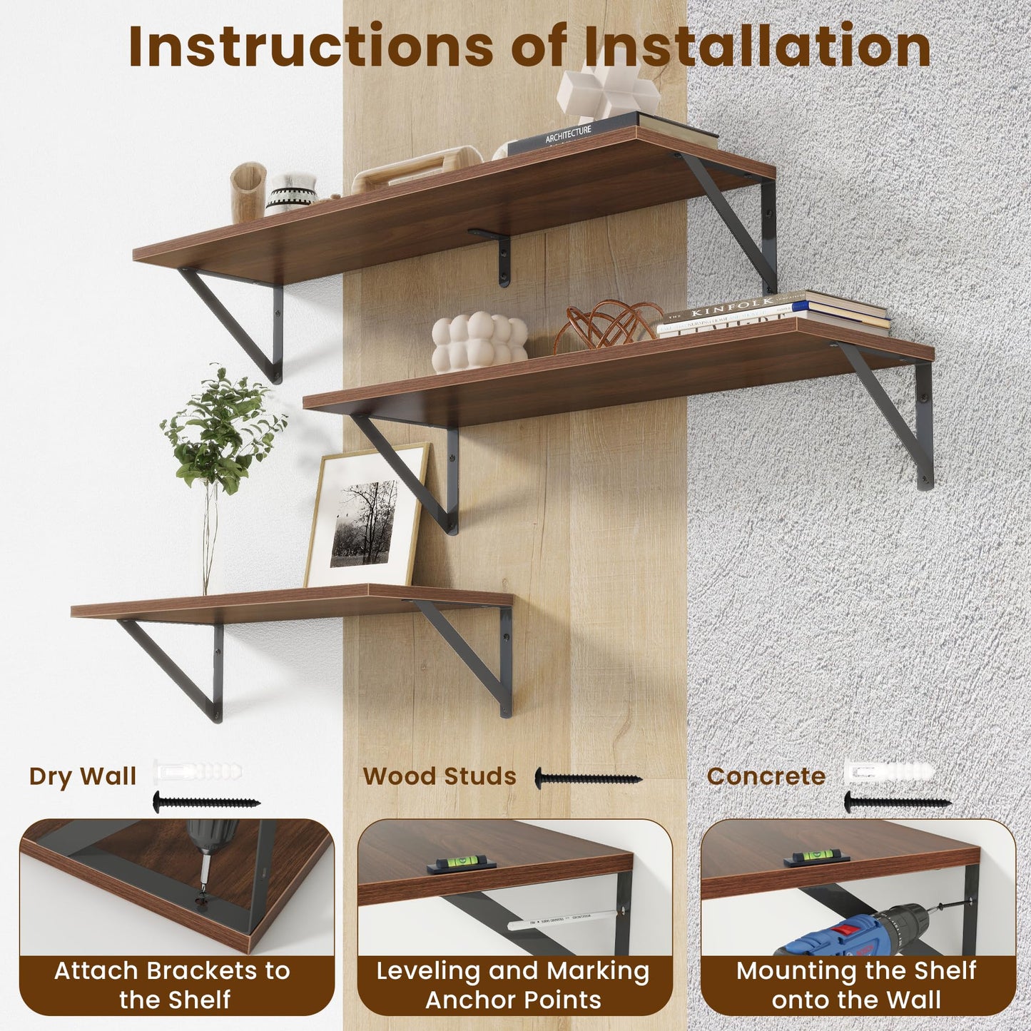 Acovy Deep Floating Shelves for Wall,36Wx8D Wall Mounted Shelves Set of 2,Wall Storage Floating Shelf with Sturdy Metal Brackets for Living Room,Bathroom,Kitchen,Office,Walnut