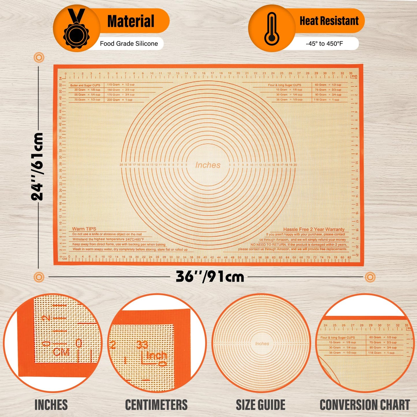 Silicone Pastry Mat 34x26 Inch Nonstick Baking Mat -Perfect for Doug, Pastry, Dough Rolling, Kneading Board, Pie Crust, Fondant, Pasta/Pizza, Kitchen Counter Mat