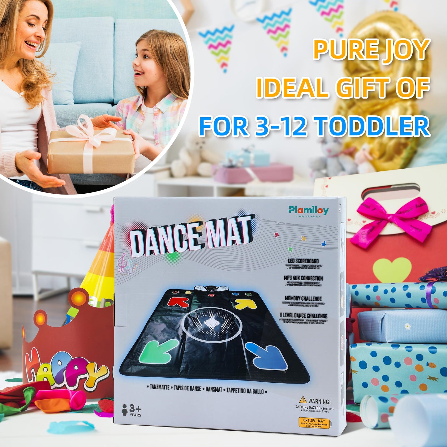 PLAMILOY Dance Mat for Kids - Light-up Electronic Rhythm Step Play Mat, Music Game Pad Toy for Girls Boys 3-12, Challenge Playmat Gift Built-in Songs, MP3 External Play, 5 Levels, Adjustable Volume