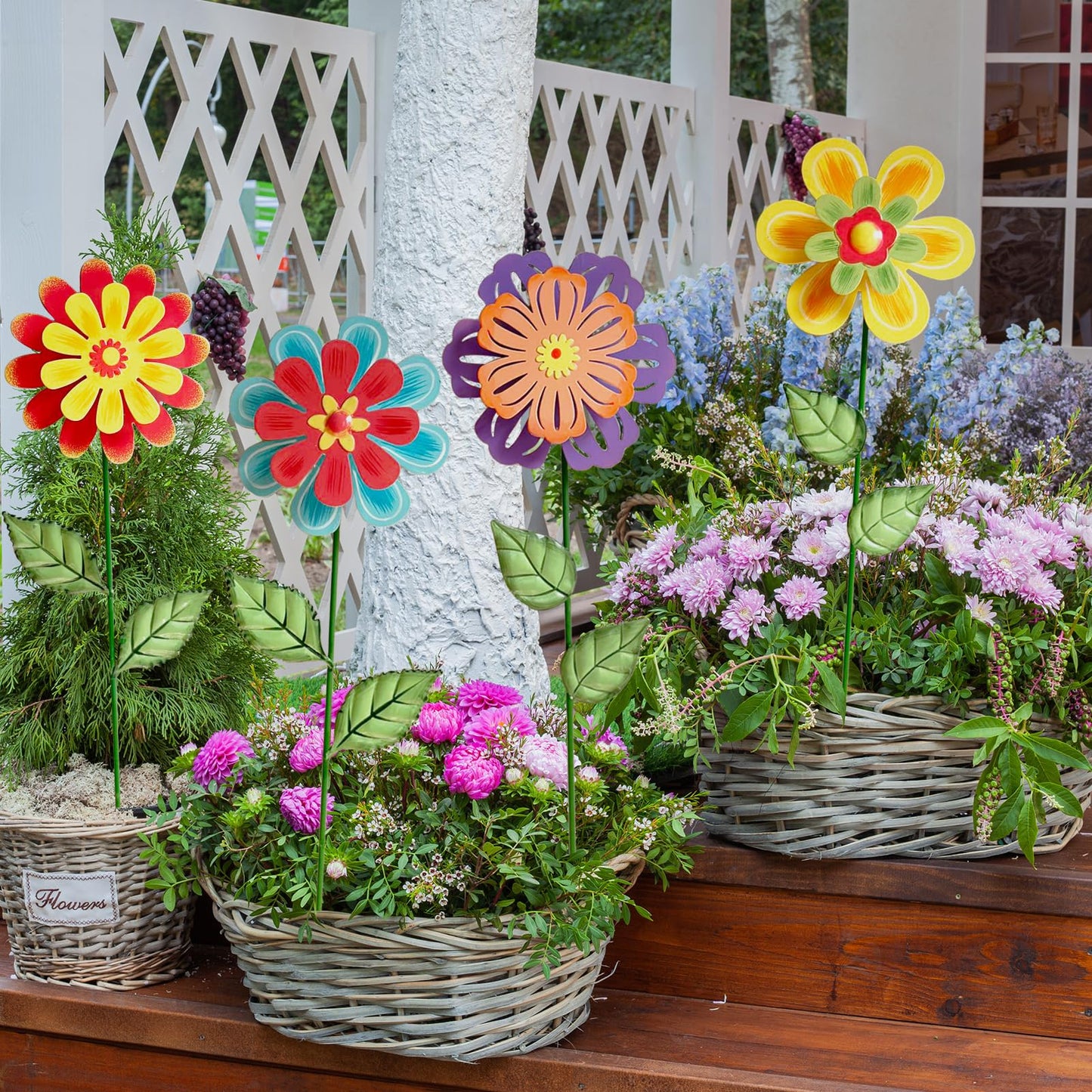 HUTHDAK Metal Flowers for Outside,4 Pack 16.33" Decorative Garden Stakes with Swaying Flowers Head Yard Art,Spring Garden Decor for Lawn, Pathway & Yard