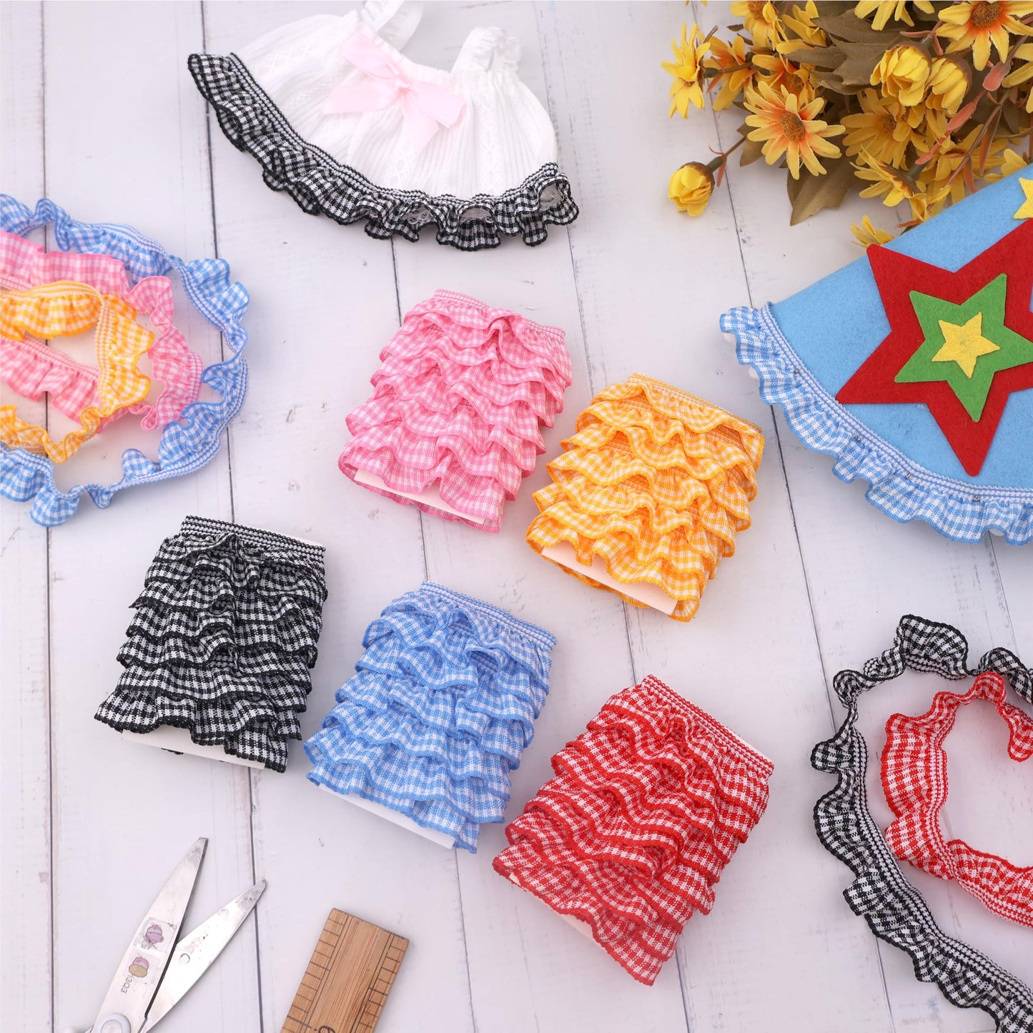 10 Yards Elastic Pleated Gingham Ruffle Trim, 6/8 inch Tiny Stretchy Ruffles Narrow Ruffle Edge Mini Edge Trim Decoration for Clothes Crafts Doll