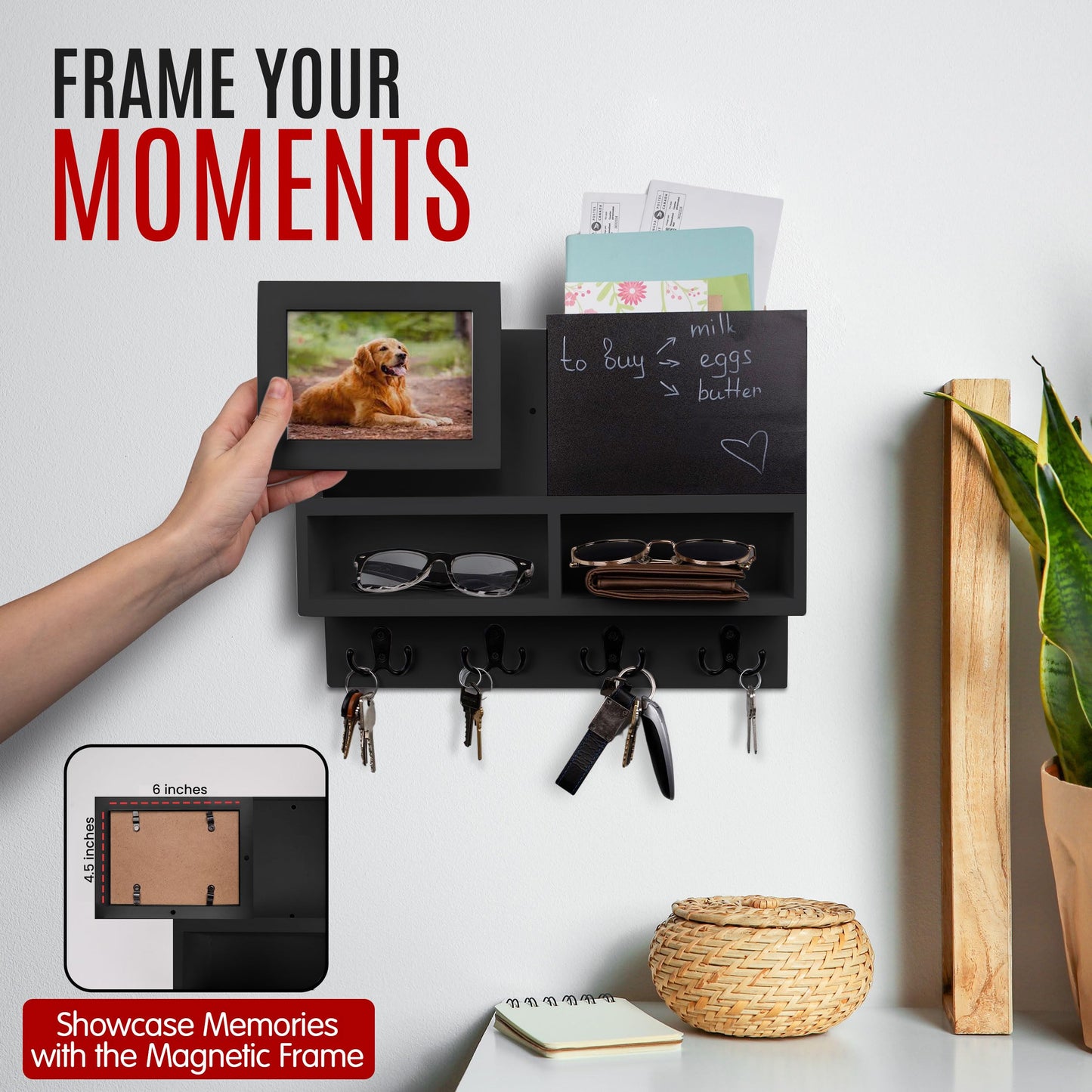 Spacelog Key and Mail Holder for Wall with Chalkboard – Magnetic Photo Frame Key Holder Wall Mount, Black, Dual Storage & Cupboards Mail and Key Organizer for Wall