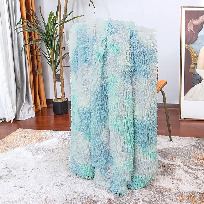 Tuddrom Decorative Extra Soft Faux Fur Blanket Queen Size 80"x90",Solid Reversible Fuzzy Fluffy Plush Fleece Comfy Microfiber Fur Blanket for Couch Sofa Bed,Tie Dye Blue
