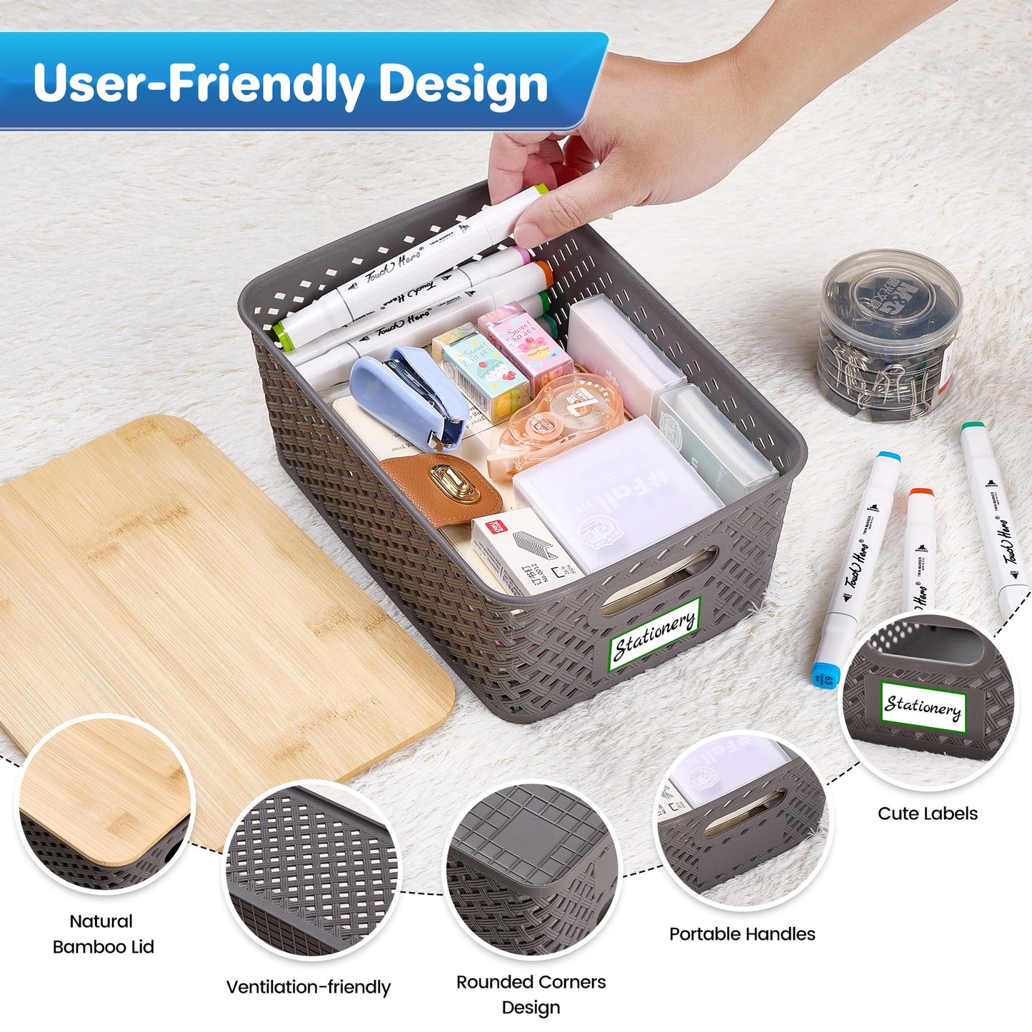 Anysig 8 Packs Plastic Storage Bins with Bamboo Lids - Stackable Storage Bins Decorative Small Basket Containers for Organizing Shelves Office Classroom Desktop Closet, Grey