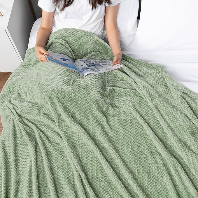 PAVILIA Soft Fleece Light Green Throw Blanket for Couch, Lightweight Plush Warm Blankets for Bed, Fuzzy Cozy Flannel Blanket Throw for Sofa, Travel, Jacquard Pattern, Sage Green, Twin, 60x80 inch
