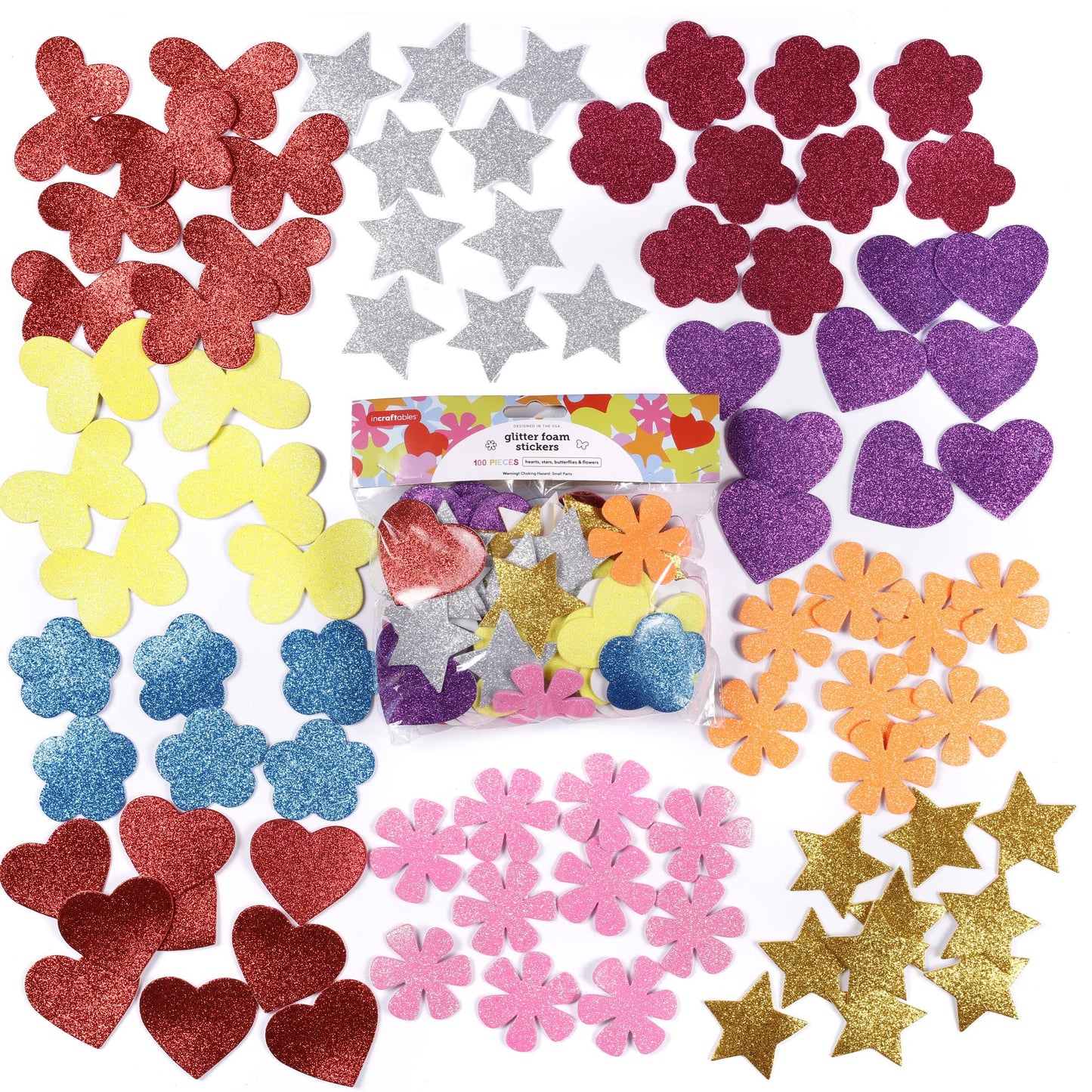 Incraftables Glitter Self Adhesive Foam Stickers for Kids, 100pcs Heart, Star, Butterfly, Flower Shapes, Multicolor, Felt Material, Modern Style, Indoor Use, Stickers for Kids & Adults