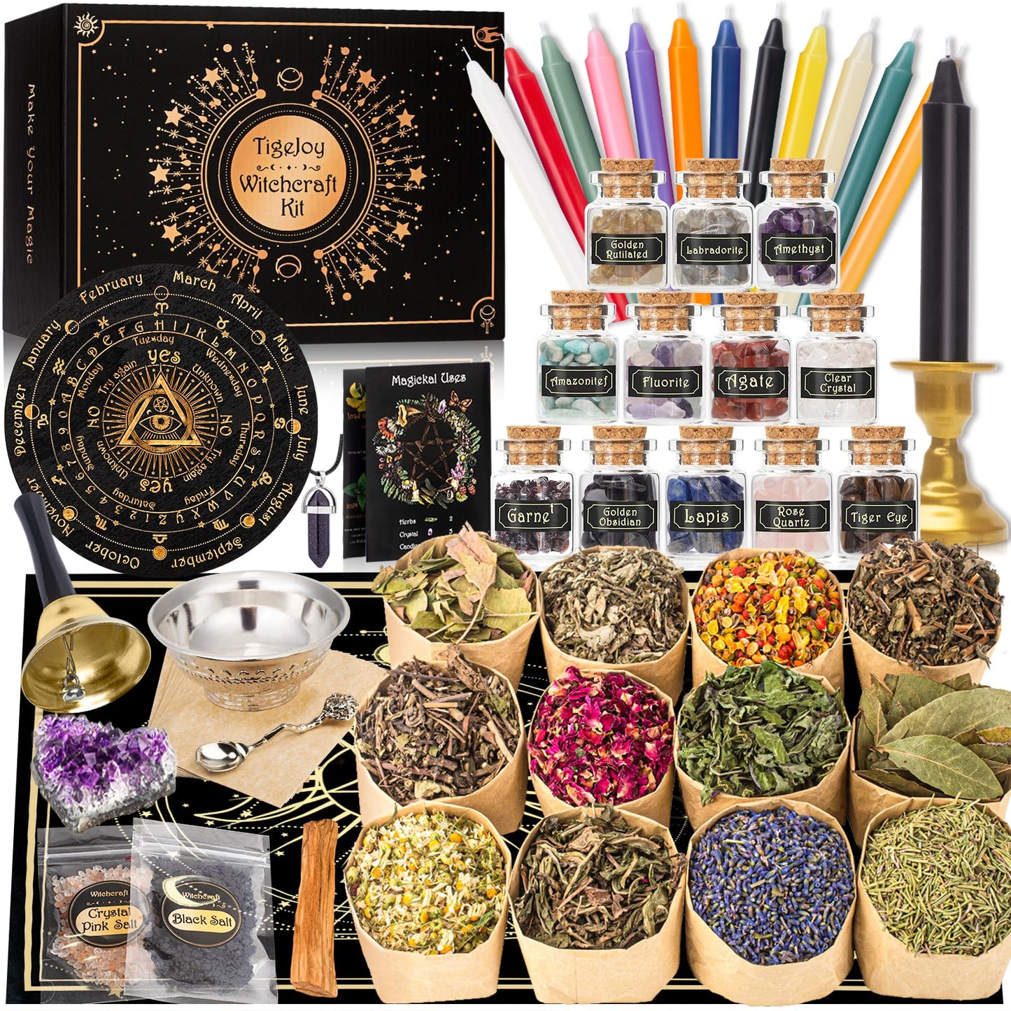 TigeJoy Witchcraft Supplies Witch Stuff Spell Kit 60PCS, Wiccan Tools, Include Herb Crystal Candle Amethyst Altar Bowl Witch Bell, Witch Gift Wiccan Starter Kit Altar Supplies Pagan Decor