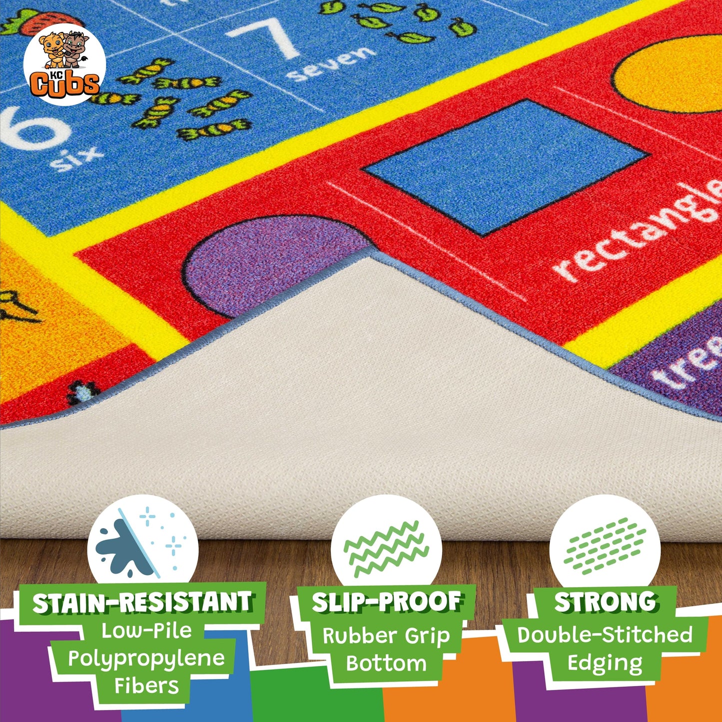 KC Cubs: Educational Rug: ABC Alphabet, Numbers & Shapes - 8x10' Playmat - Interactive Play, Activity Area Carpet, Bedroom-Classroom, Baby-Toddler-Kid