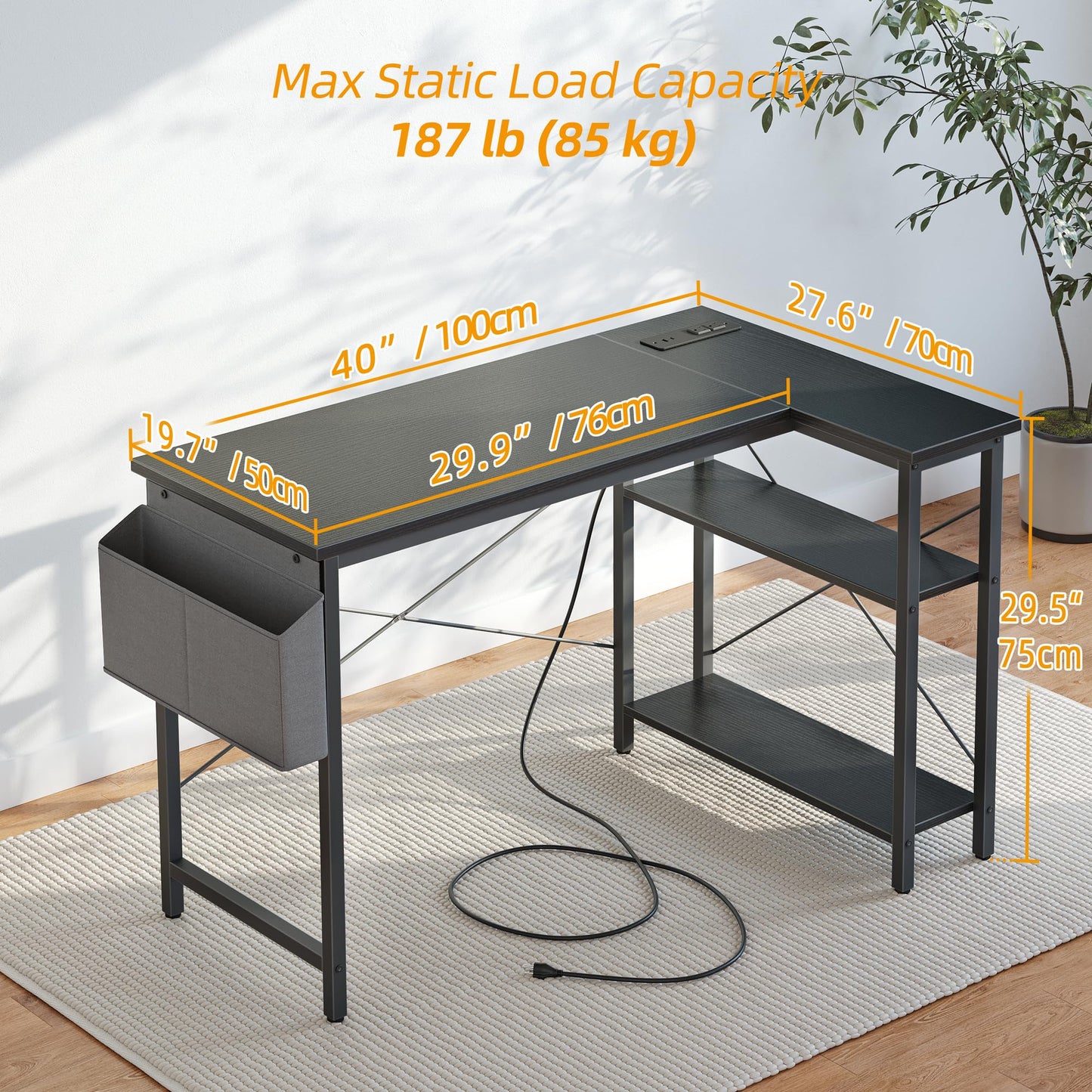 TIQLAB Gaming Desk with Power Outlets - 40 inch L Shaped Computer Desk, Reversible Design Small Corner Desk, Bookshelf Workstation for Work Study Play Home Office, Black