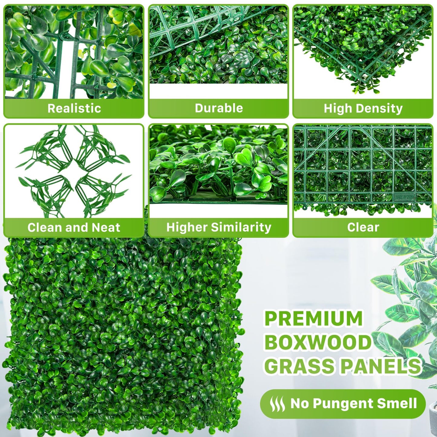 PLMMOUT 12 PCS Artificial Grass Wall Panels, 10"x10" Faux Hedge, Green, Modern Style, Polyethylene Material, Perfect for Indoor/Outdoor Decor