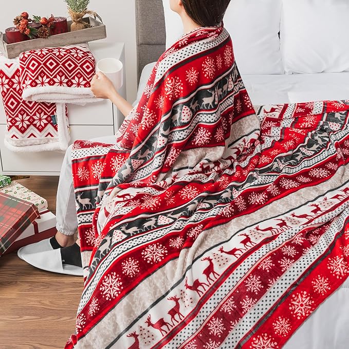PAVILIA Christmas Throw Blanket | Holiday Christmas Reindeer Snowflakes Fleece Blanket | Soft, Plush, Warm Winter Cabin Throw, 50x60 (Christmas Red)