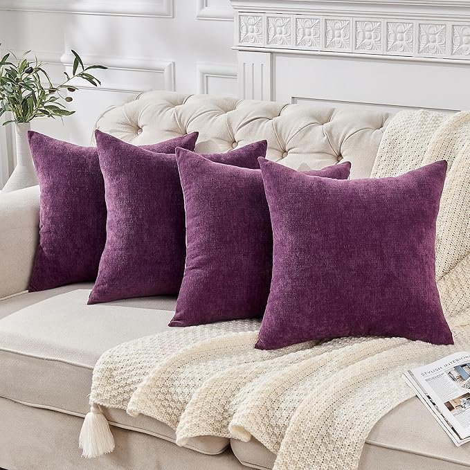 GAWAMAY Decorative Square Throw Pillow Covers 18"x18" Inch Set of 4, Super Soft Chenille Pillows Farmhouse Fall Pillowcase for Living Room Bedroom Sofa Couch Cushion Cover Purple 45x45cm (No Insert)