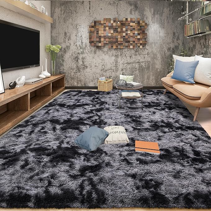 Tepook Fluffy Large Rugs for Living Room, 8x10 Area Rugs for Bedroom, Modern Shag Rug Fuzzy Carpets for Kids Boys Girls, Plush Indoor Nursery Home Decor Rug with Non-Slip Bottom, Tie-dye Dark Grey