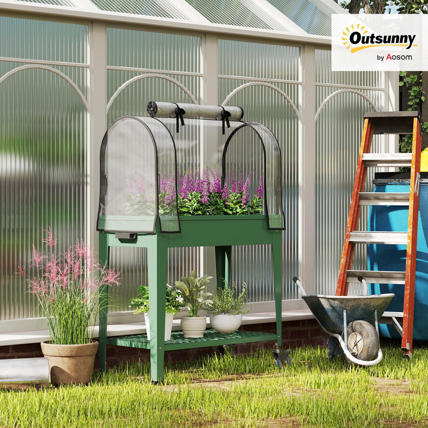 Outsunny Raised Garden Bed with Greenhouse Cover, Large Metal Outdoor Elevated Planter Box with Lockable Wheels, Storage Shelf and Drainage Hole for Vegetables, Flowers, Herbs, Green