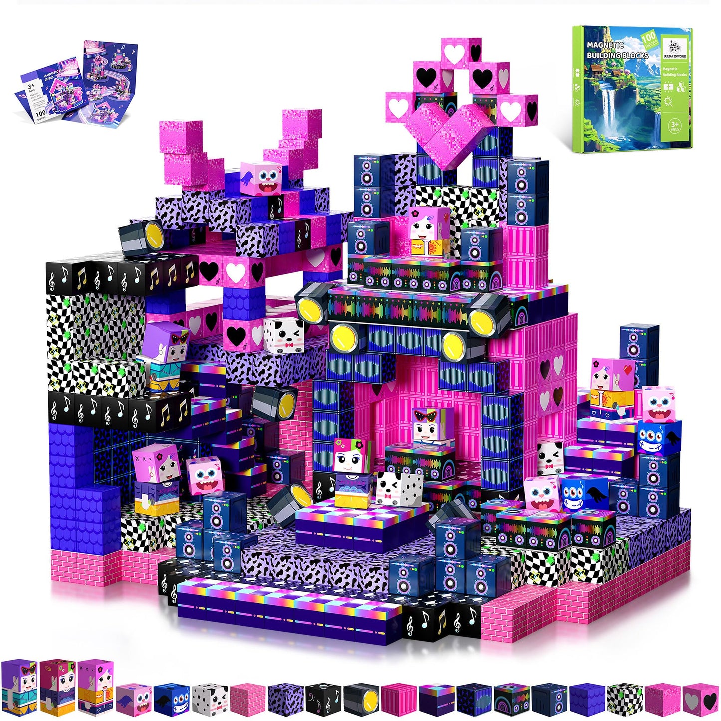 SSAWER Magnetic Blocks, 100PCS Magnetic Building Blocks, Stacking Magnets for Kids, Sensory Toy for STEM Constructions Magnet Blocks for Girls Age 3+, Christmas Birthday Gifts