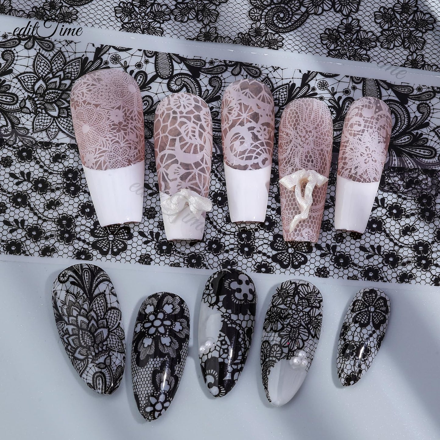 Lace Nail Foil Transfer Sheets, 15 Rolls Black White Flower Nail Art Transfer Foils Decals, Flower Nail Art Foils Decals Holographic Foils for Nails Manicure DIY Nails Decoration (10White+5Black)