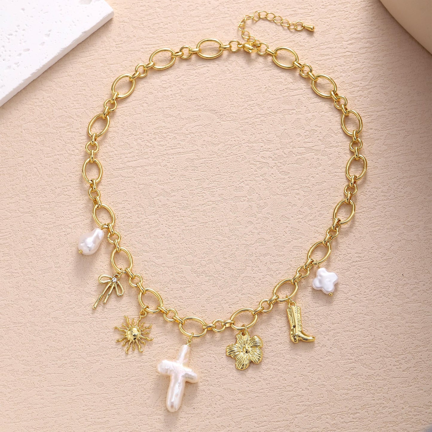 Chunky Charm Cross Pearl Necklace For Women Seashell Shell Starfish Beach Bow 14K Gold Plated Pendant Summer Jewelry (03 Pearl Cross)