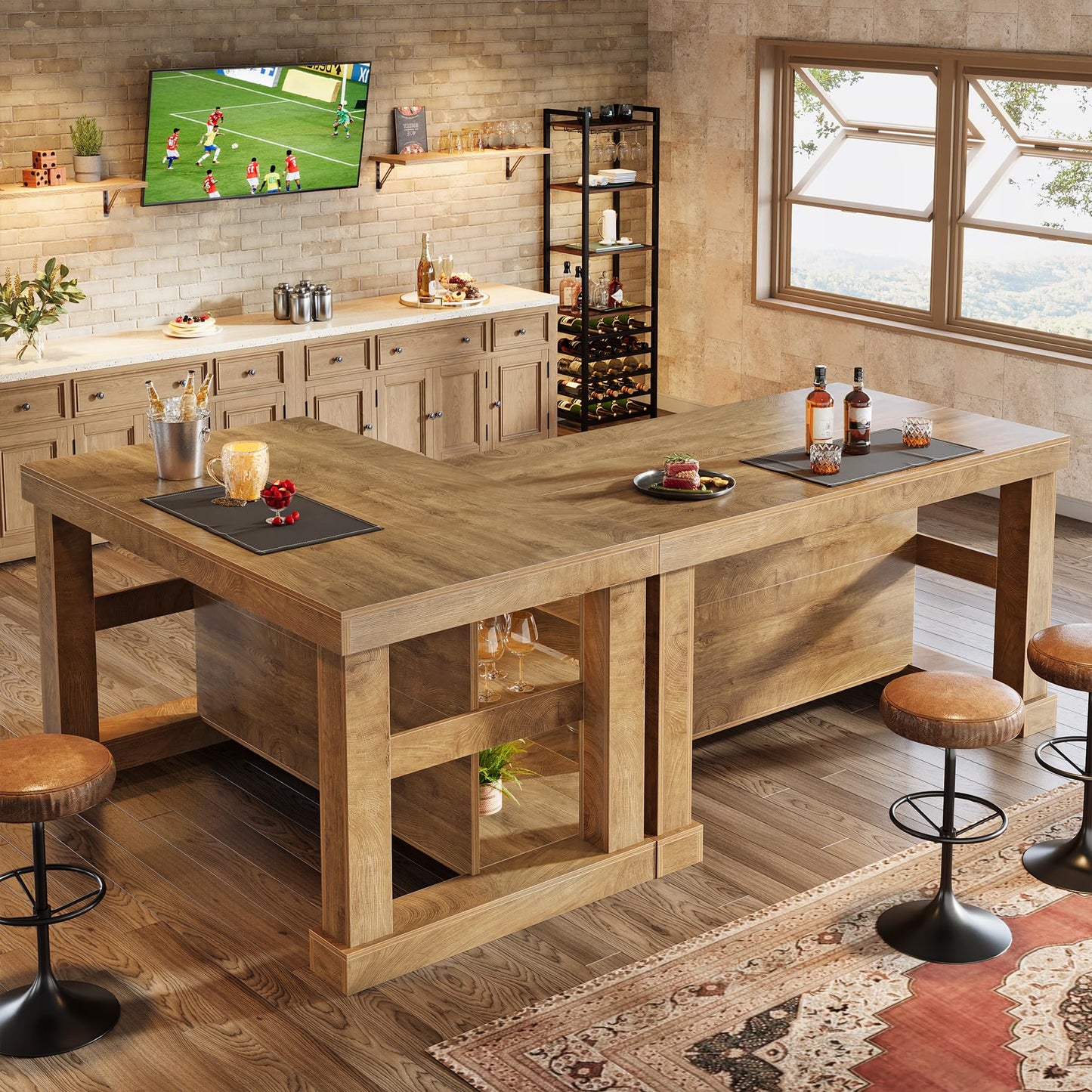 Tribesigns Bar Table, 55-Inch Counter Height Pub Table with Storage Shelves, High Top Kitchen Dining Table, Rectangle Wood Home Bar Unit for Dining Room, Bistro, Light Brown