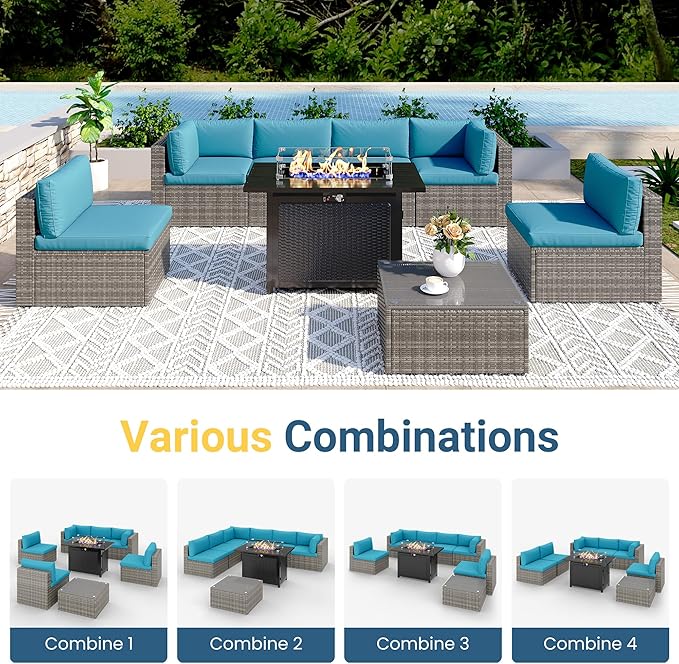 8 Pieces Outdoor Patio Furniture Set with 43" Fire Pit Table, Wicker Outdoor Patio Sectional Sofas with Coffee Table and Cushions, All-Weather Patio Conversation Set for Garden Backyard, Light Blue