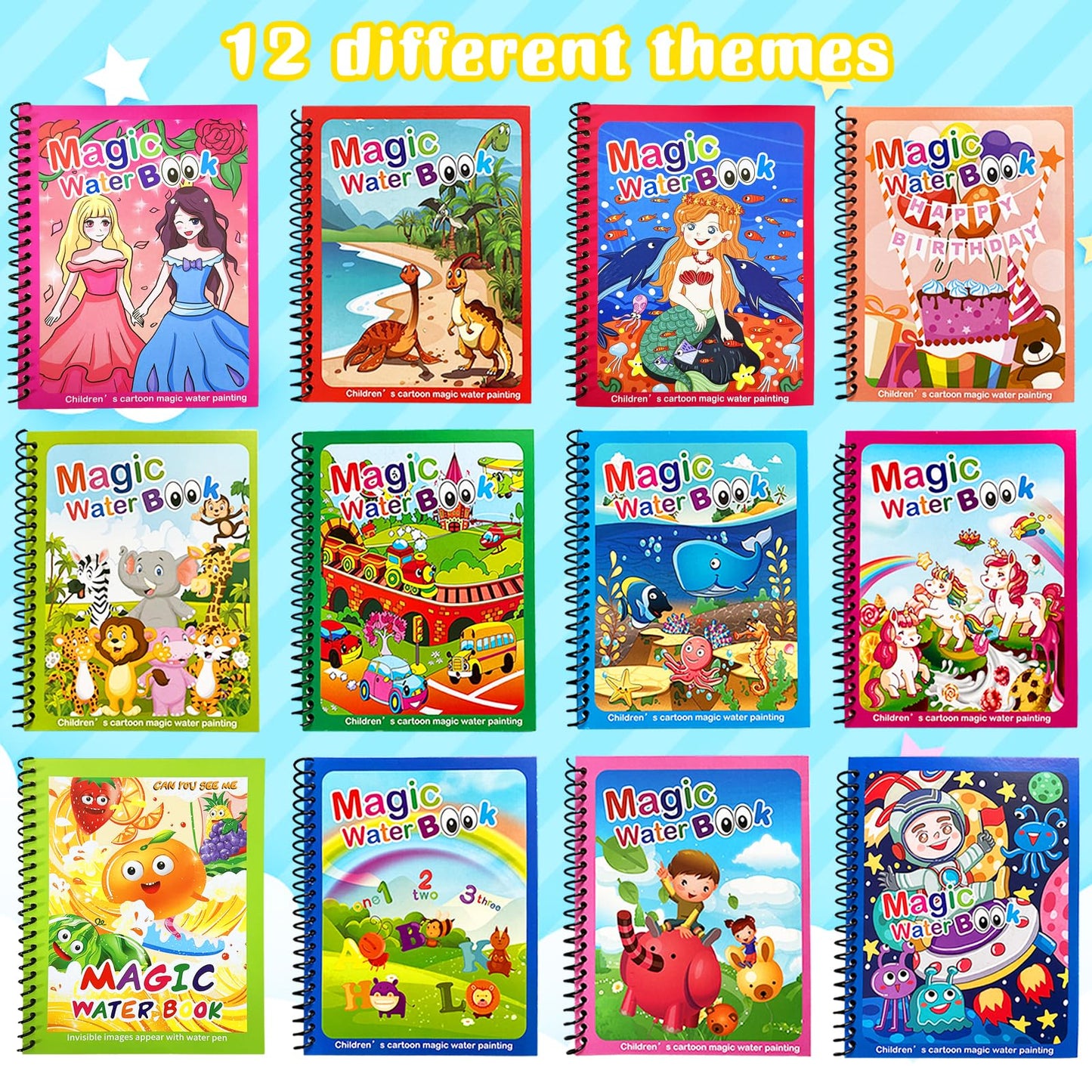 Dduolammng 12 Pack Cartoon Paint Books, Reusable Water Painting Book, Educational Gifts