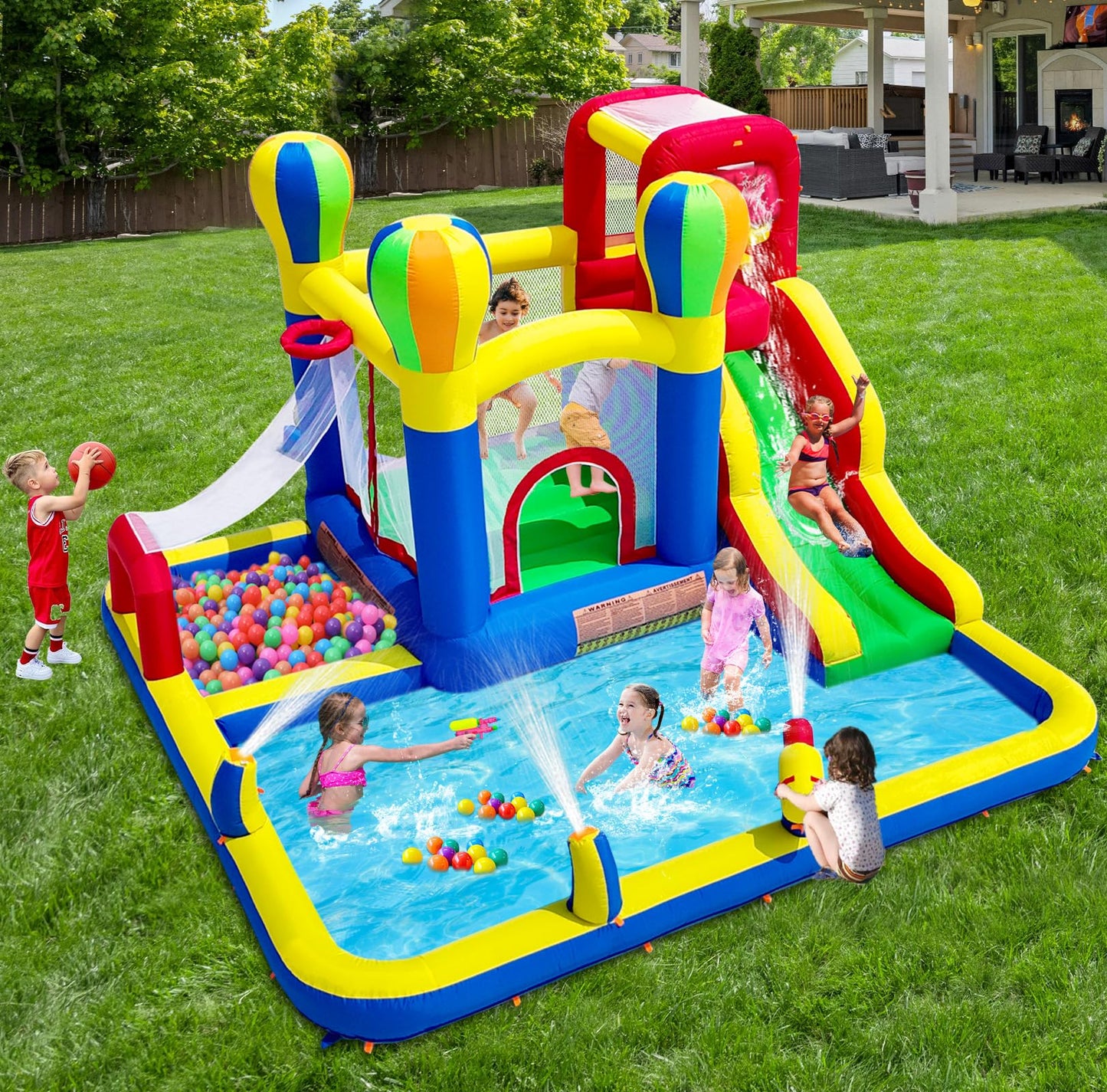 Baralir Inflatable Bounce House with Water Slide – Backyard Inflatable Water Park with 4 Sprinklers, 2 Splash Pools, Fits 5 Kids, Perfect for Summer Fun & Cooling Down