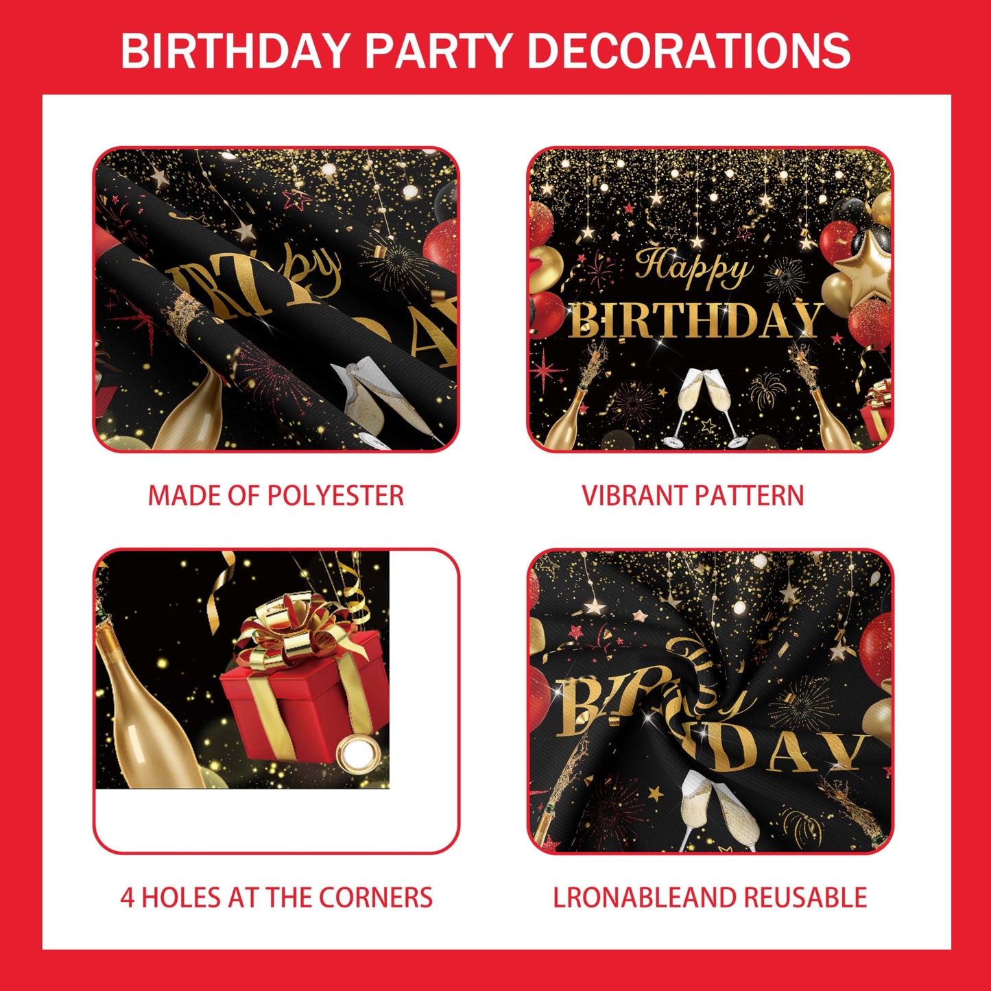 Red Birthday Party Decorations for Women,Balloon Aich kit,Black Gold Confetti Balloons,Happy Birthday Backdrop