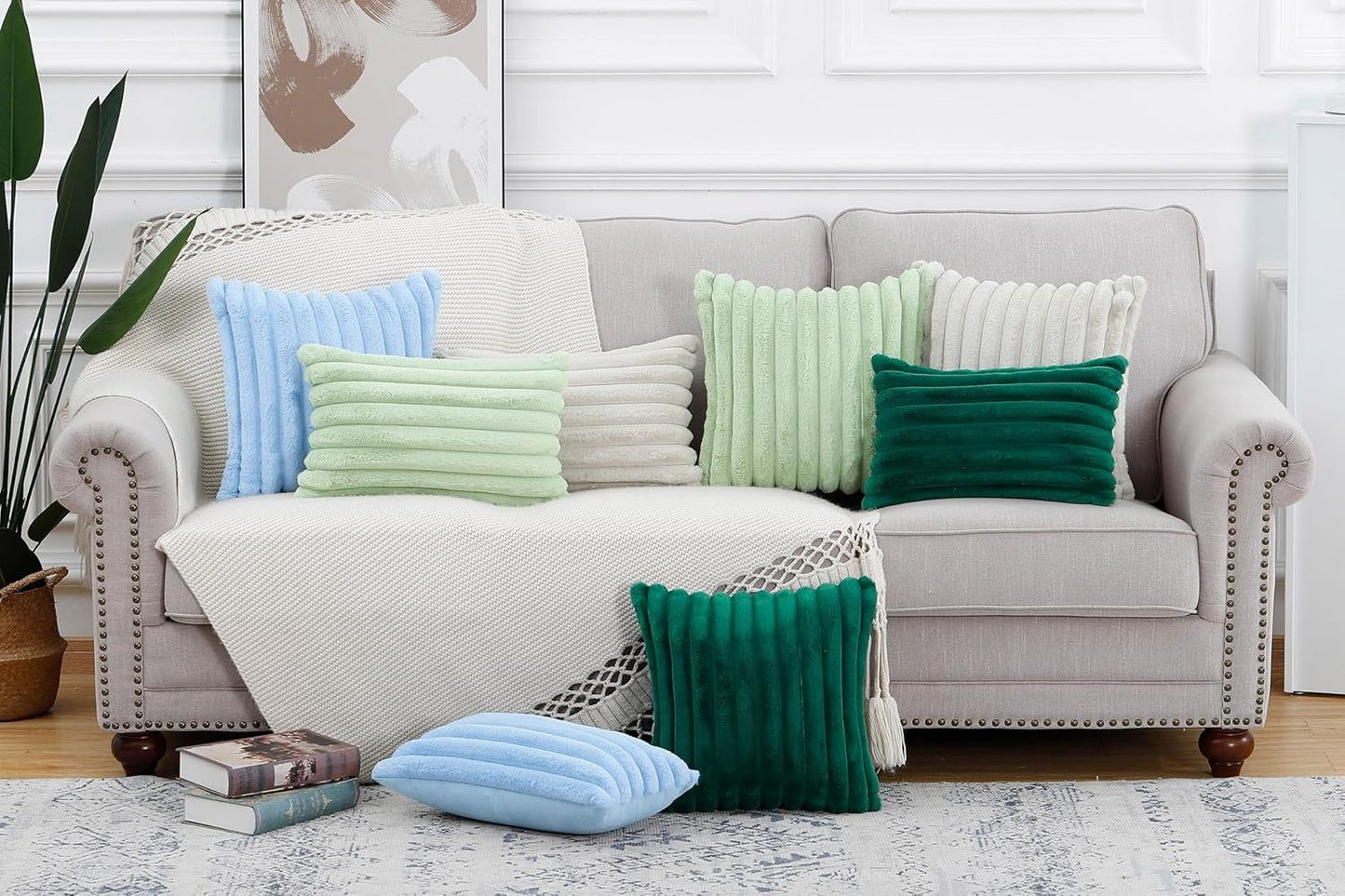 MADIZZ Set of 2 Faux Wool Plush Decorative Throw Pillow Covers 20x20 Inch Green Fluffy Striped Soft Decorative Cushion Cover for Sofa Bedroom Pillow Shell