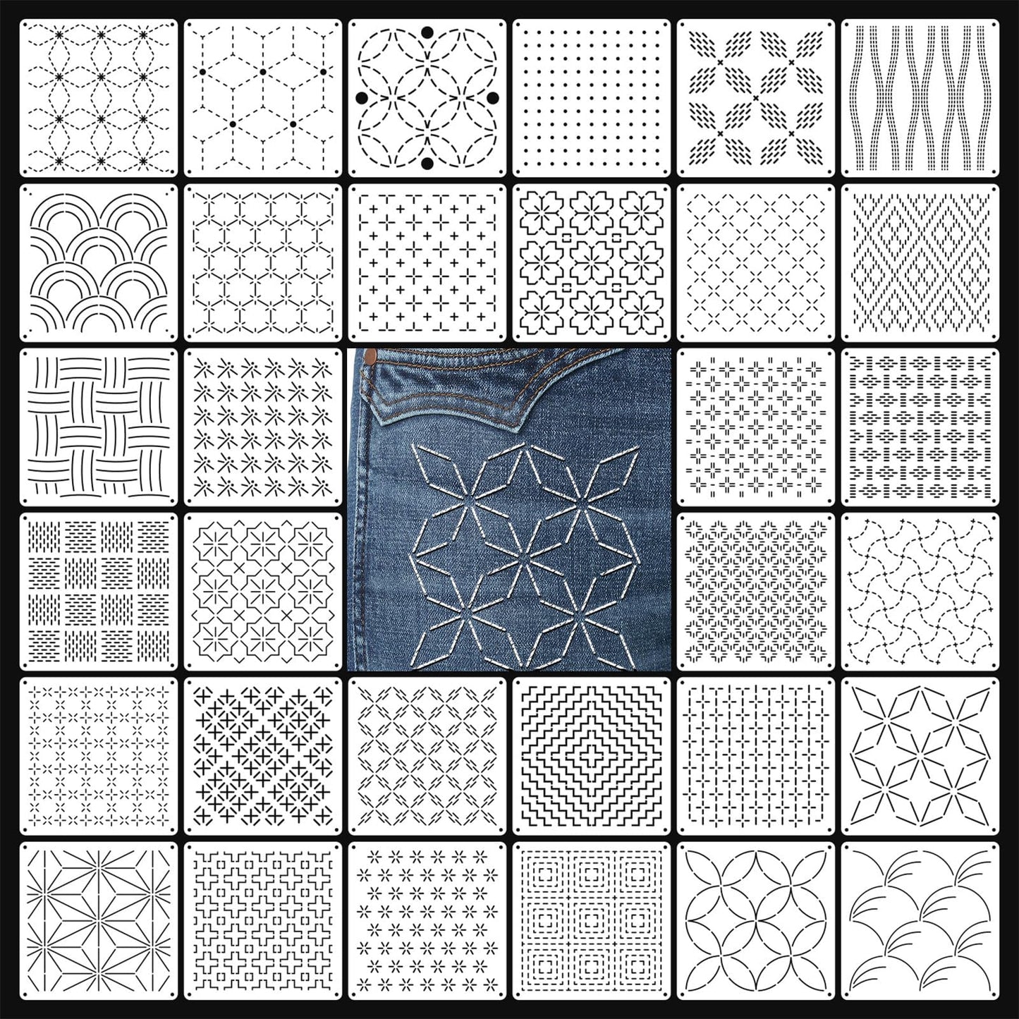 Eikovia 32-Piece Sashiko Stencil Kit, 5.1x5.1inch Reusable PET Plastic Templates for Embroidery & Quilting Patterns