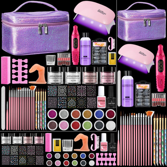 Nail Kit for Beginners with Everything: Acrylic Nail Set Professional Drill Powder Liquid Starter Kits with U V Lamp in Cosmetic Gift Bag for Women Salon Home(Purple)