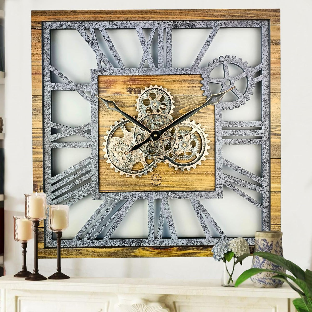 The Gears Clock 24'' Inch Square Real Moving Gear Wall Clock Vintage Industrial Oversized Rustic Farmhouse (Wood and Stone)